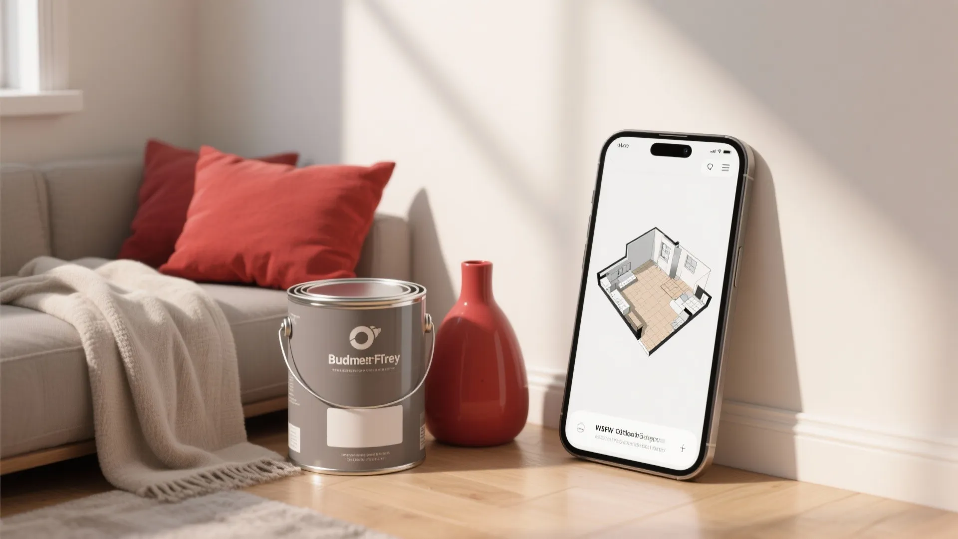 Smartphone showing a room layout design next to a paint bucket and a red vase
