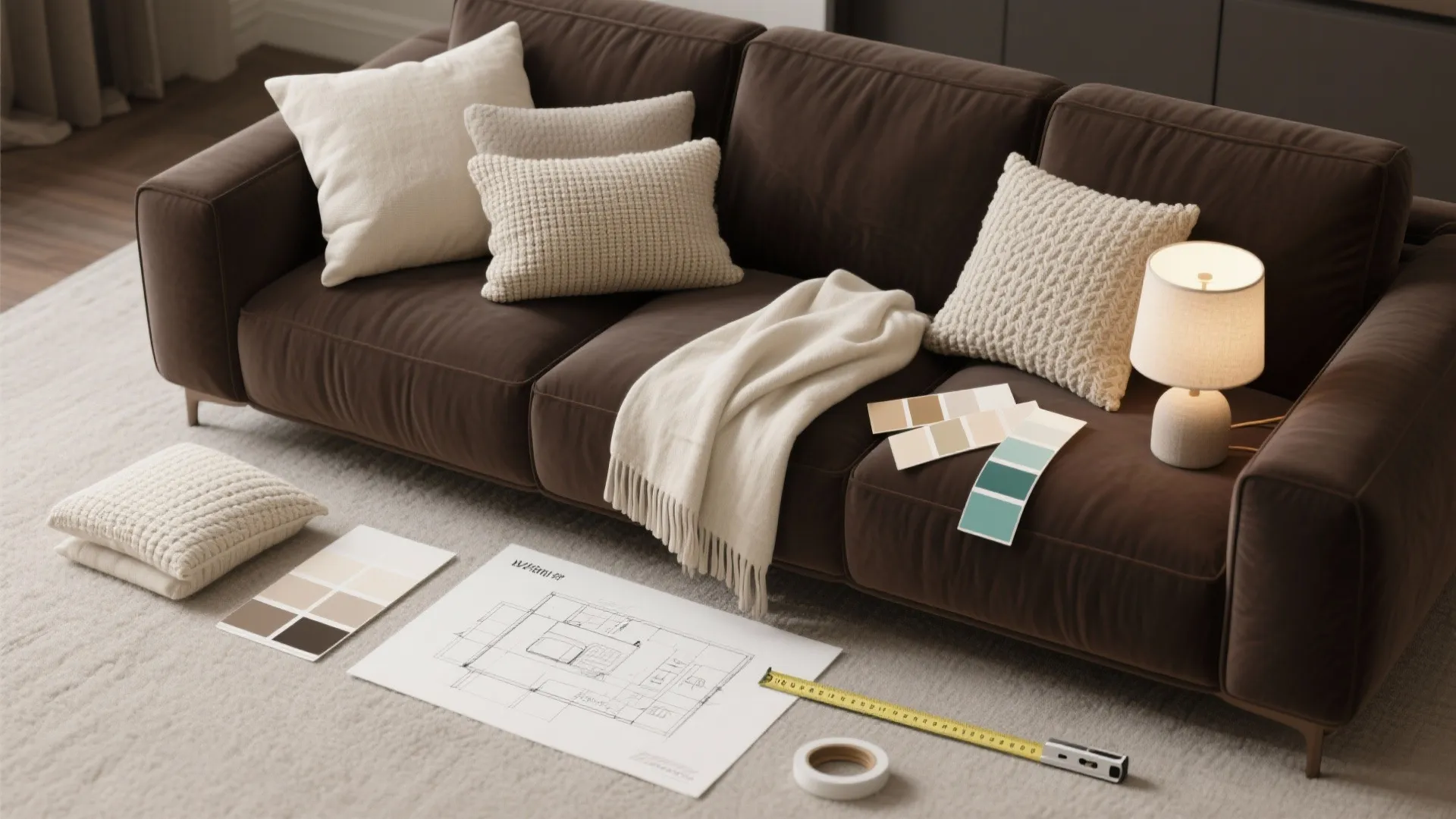 Flatlay of cushions, light throw, lamp sample and color swatches for styling a dark brown sofa.