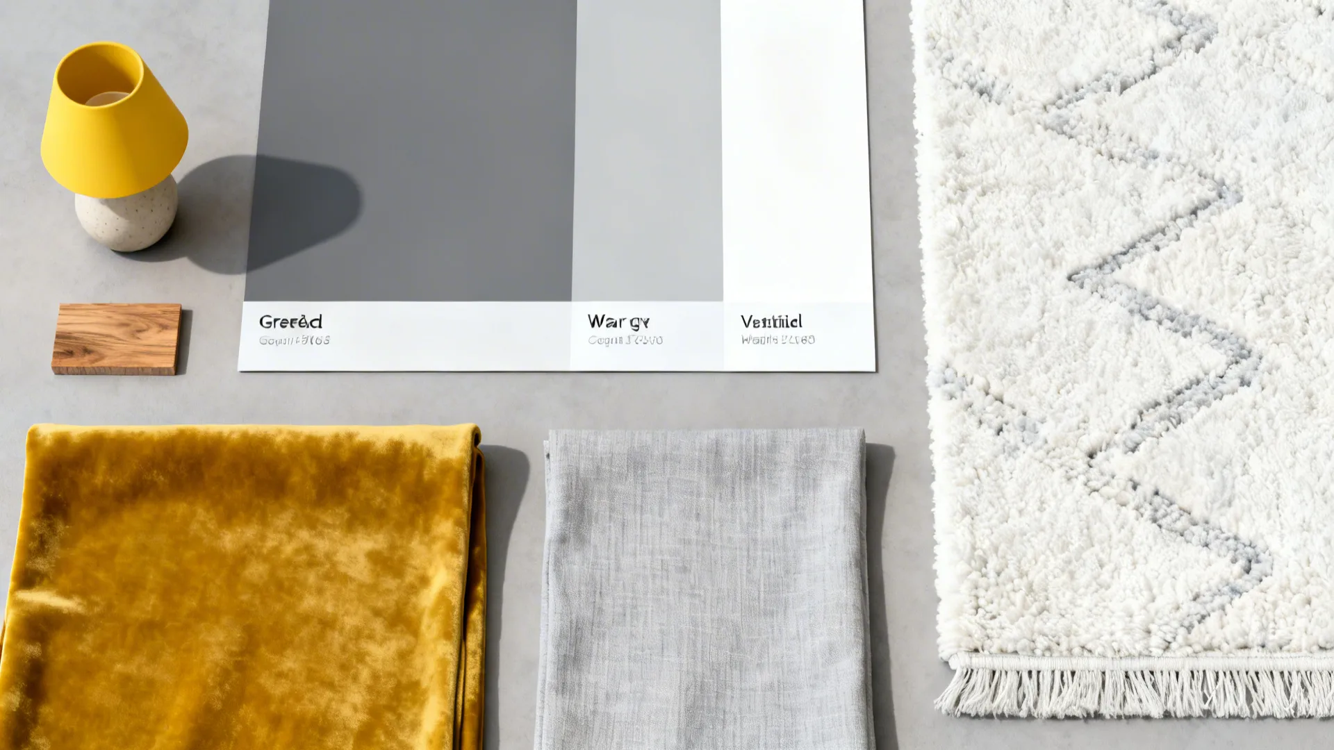 Flat lay collection of interior design materials with yellow lamp gray fabrics and textured rug