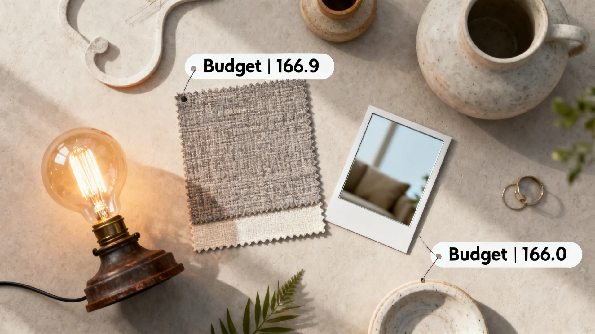 Flatlay of budget-friendly styling elements like fabric swatches, a thrifted lamp, and mirror samples for small living rooms.