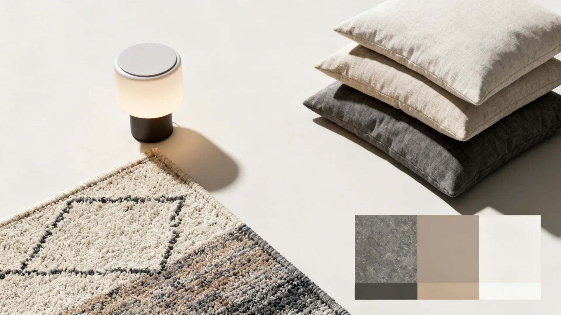 Flatlay of affordable living room updates: rug, pillows, lamp and paint swatches for quick styling.