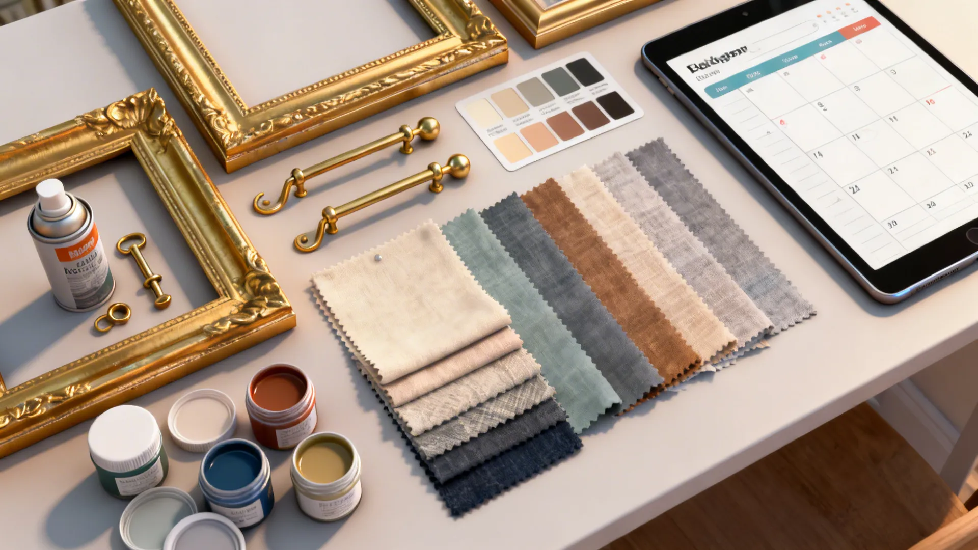 Flatlay of spray-painted frames, brass hardware, paint pots and a tablet with 3D planner