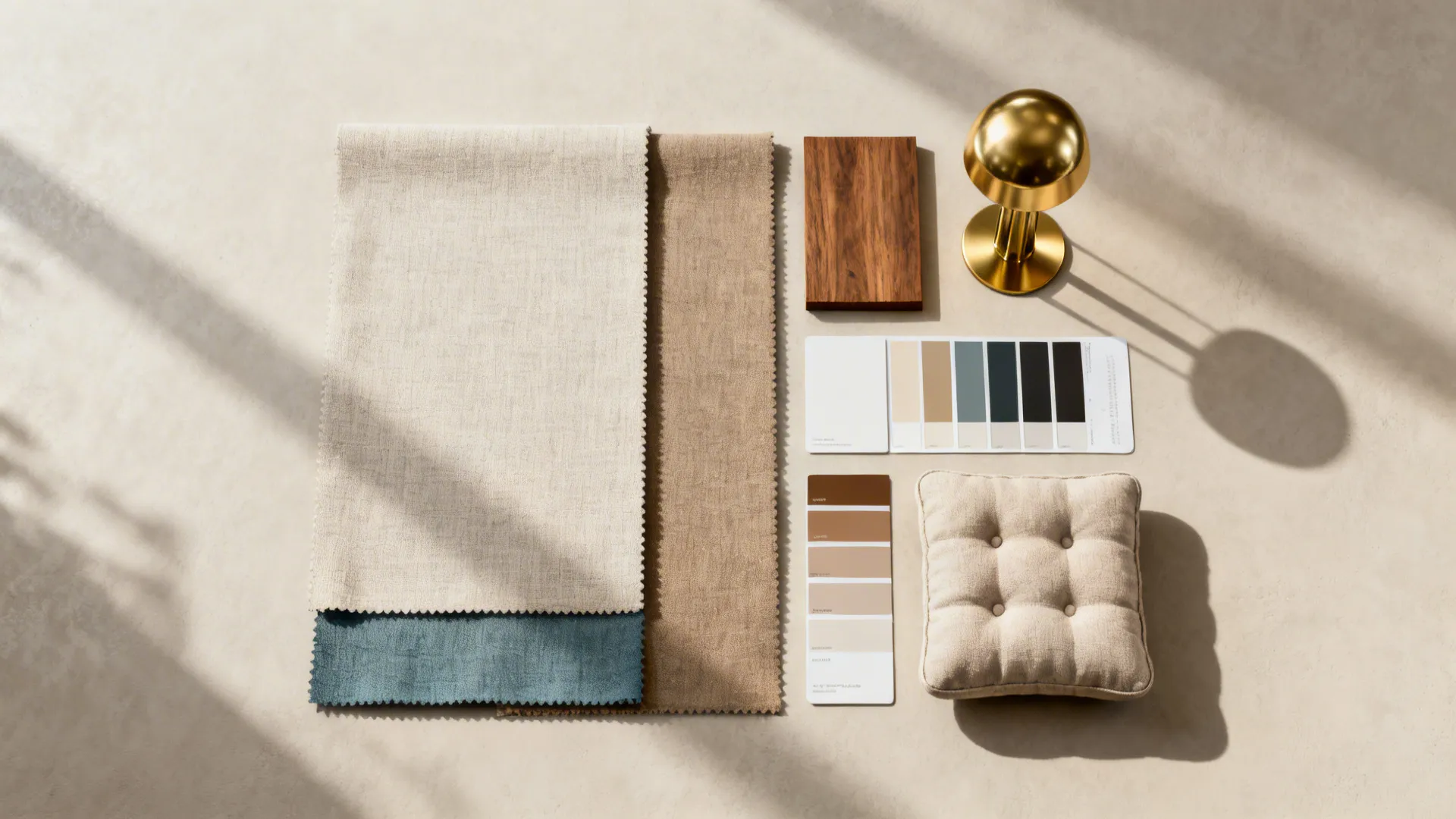 Top-down flatlay of fabric swatches, finish samples and a cushion showing a small living room budget palette.