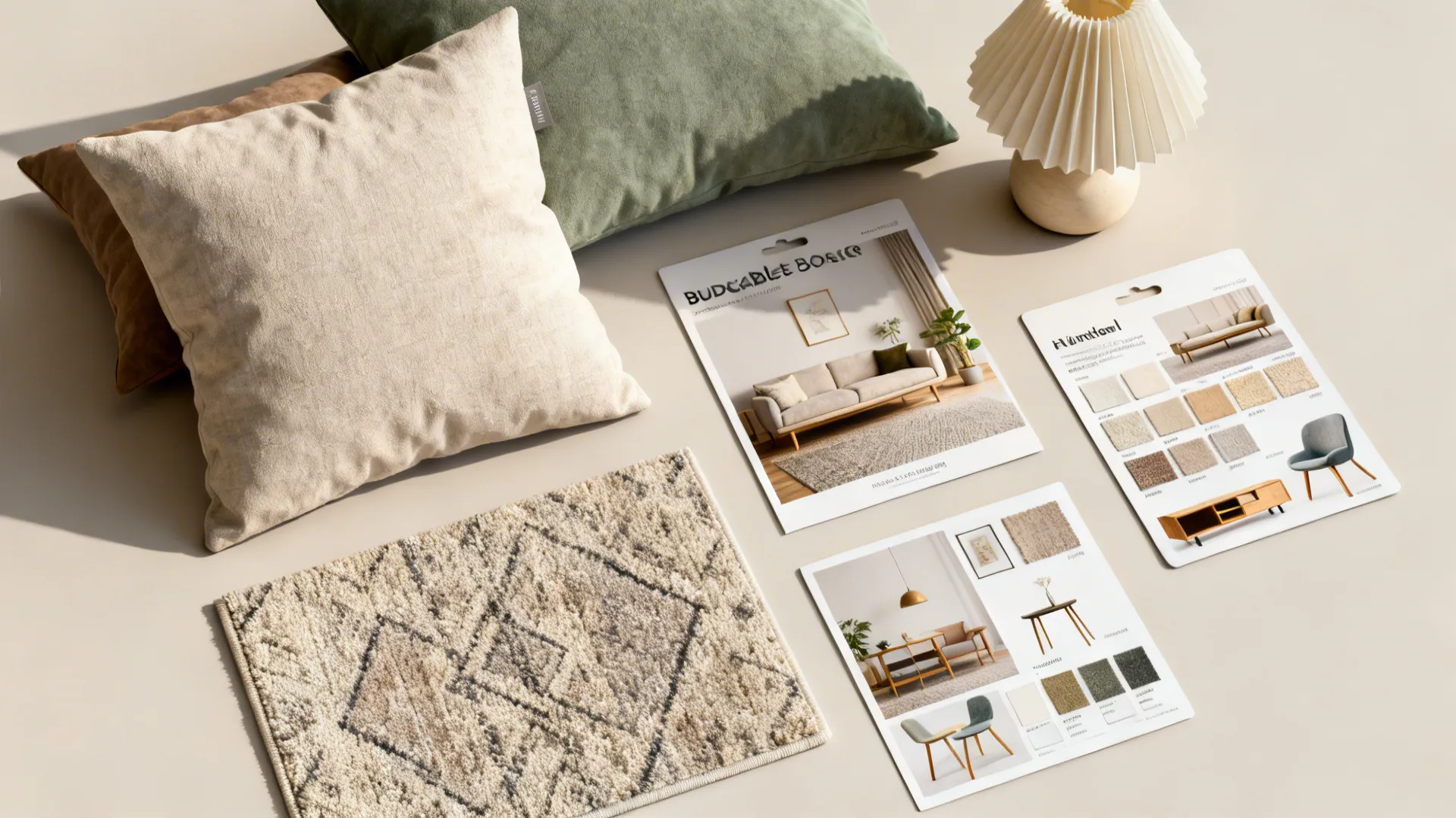 Flatlay of budget-friendly cushions, rug swatch and statement lamp sample for styling a red couch.