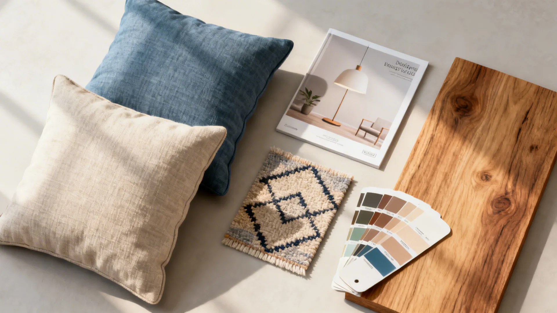 Interior design mood board with blue pillows, wood plank, rug sample, and color paint swatches