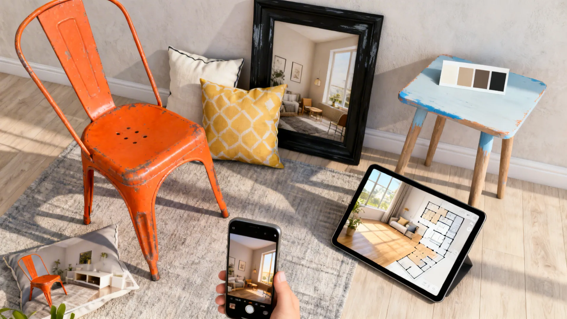 Flatlay of budget-friendly orange and black styling items and a tablet showing a 3D floor planner.