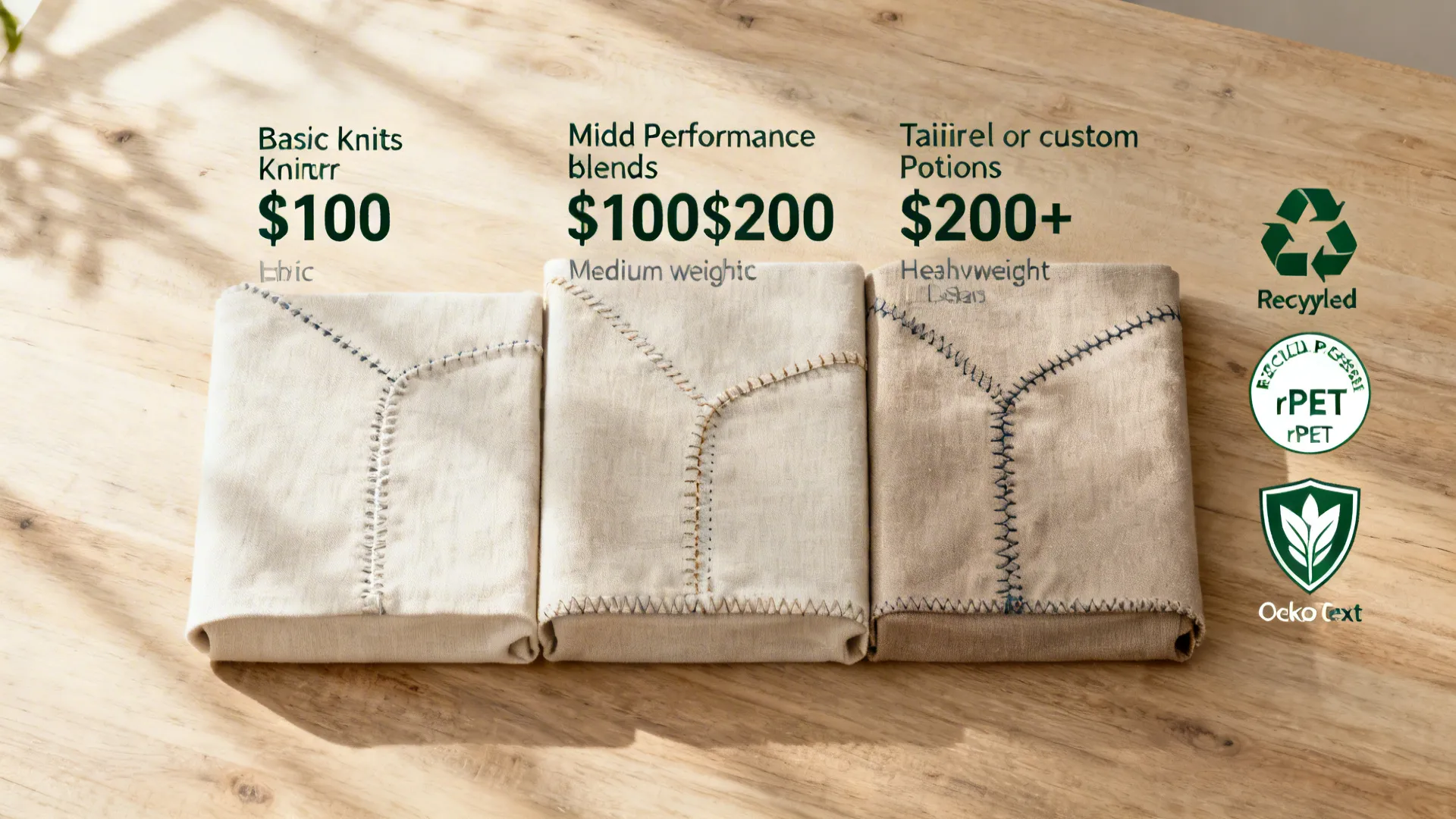 Top-down layout of fabric tiers with visual cues for budget levels and sustainability icons.