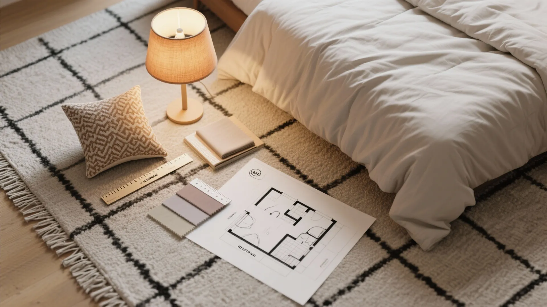 Top-down flatlay of budget swaps: rug swatch, duvet sample, lamp and cushion for quick bedroom refresh.