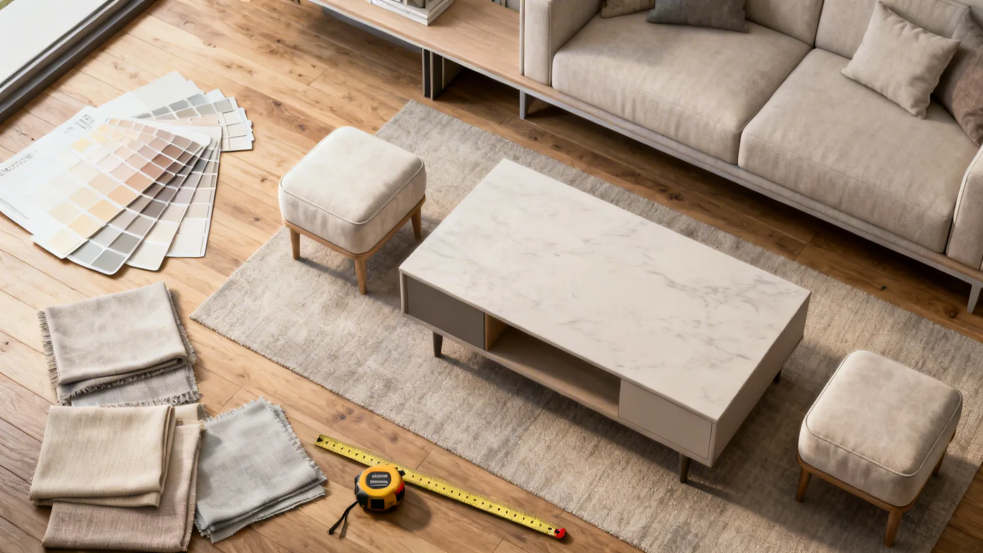 Flatlay of budget-friendly swaps: ottomans, slim console, paint swatches and a tape measure.