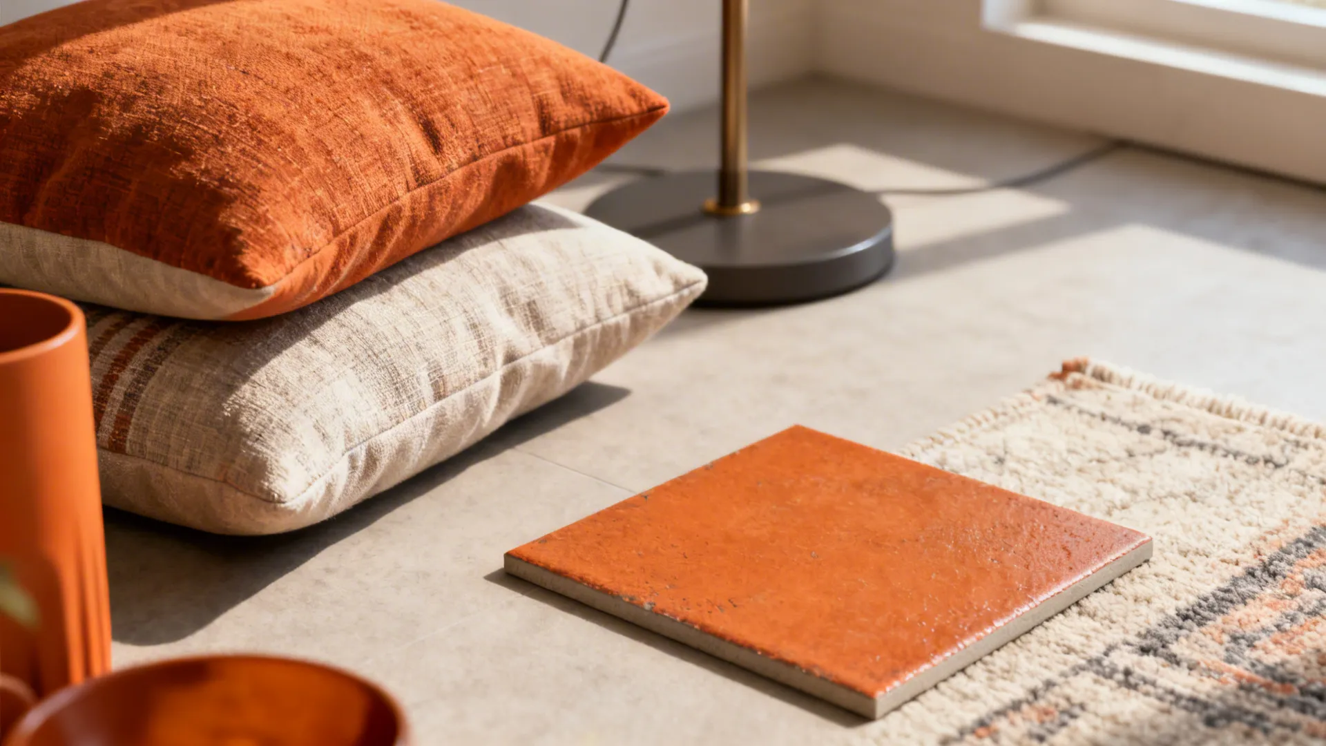 Close-up of pillow covers, lamp and rug sample showing budget-friendly burnt orange styling swaps.