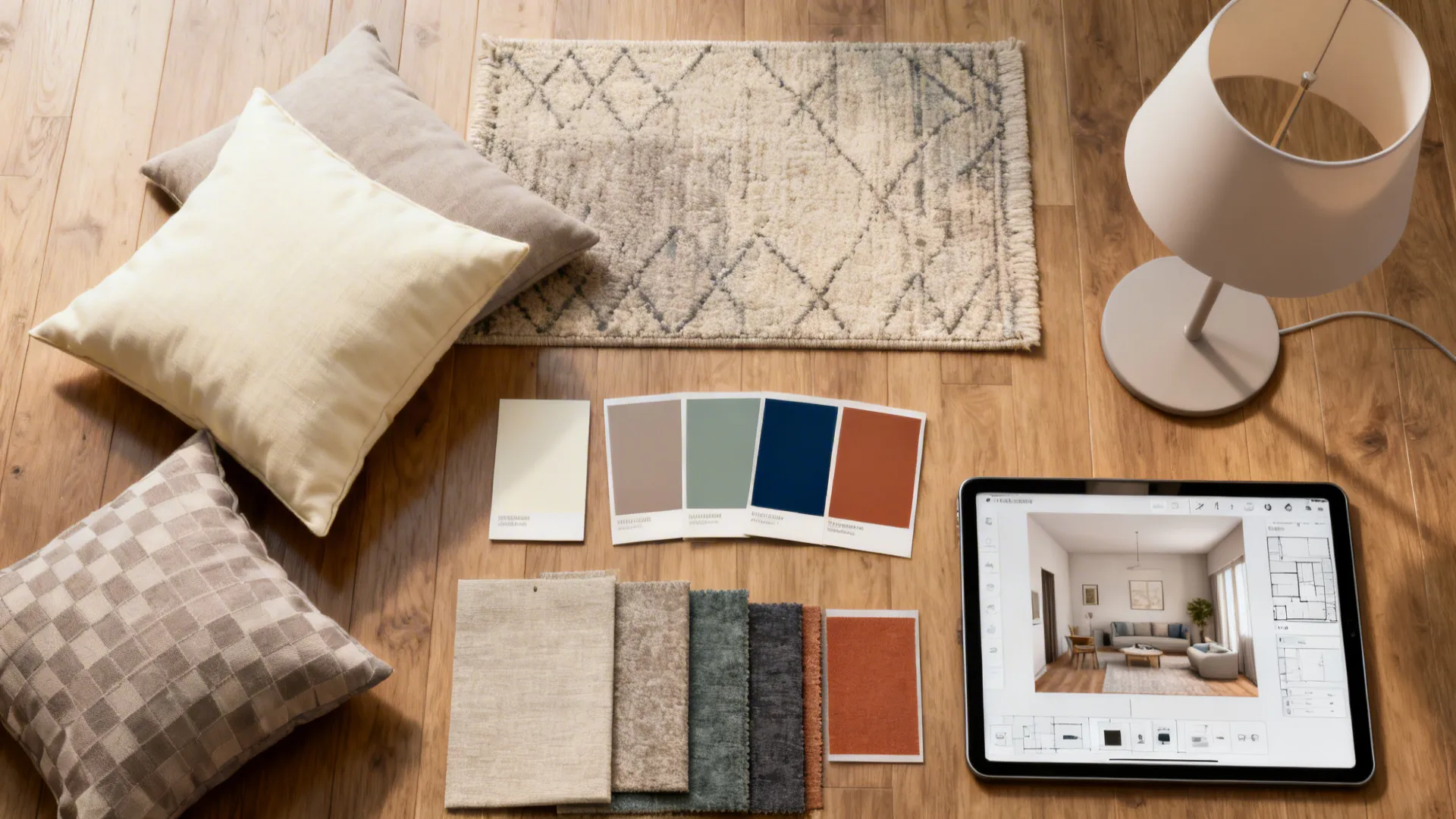 Flatlay of pillows, rug samples, paint swatches and a tablet showing a 3D planner for quick styling swaps.
