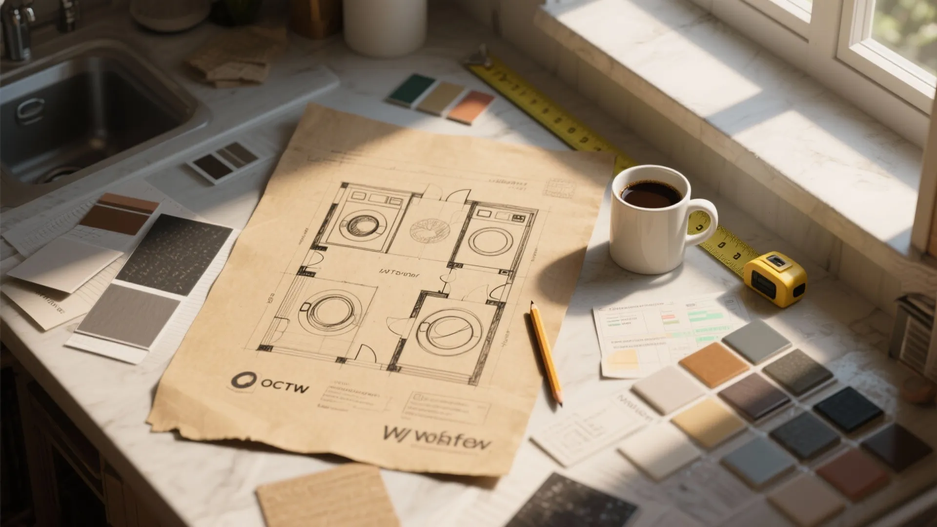 Interior design drawing of a laundry room on table with color samples pencil and coffee