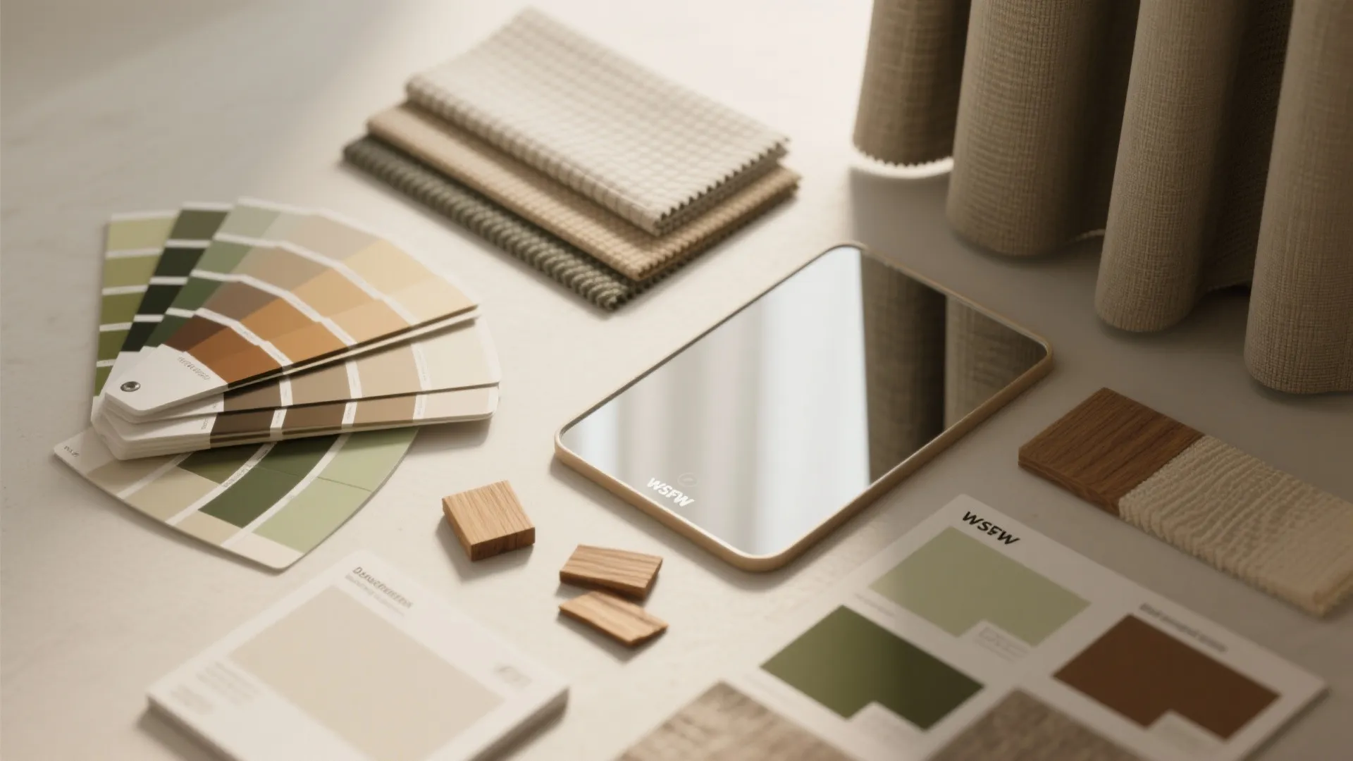 Interior design mood board with green color swatches fabric samples wood pieces and white tablet