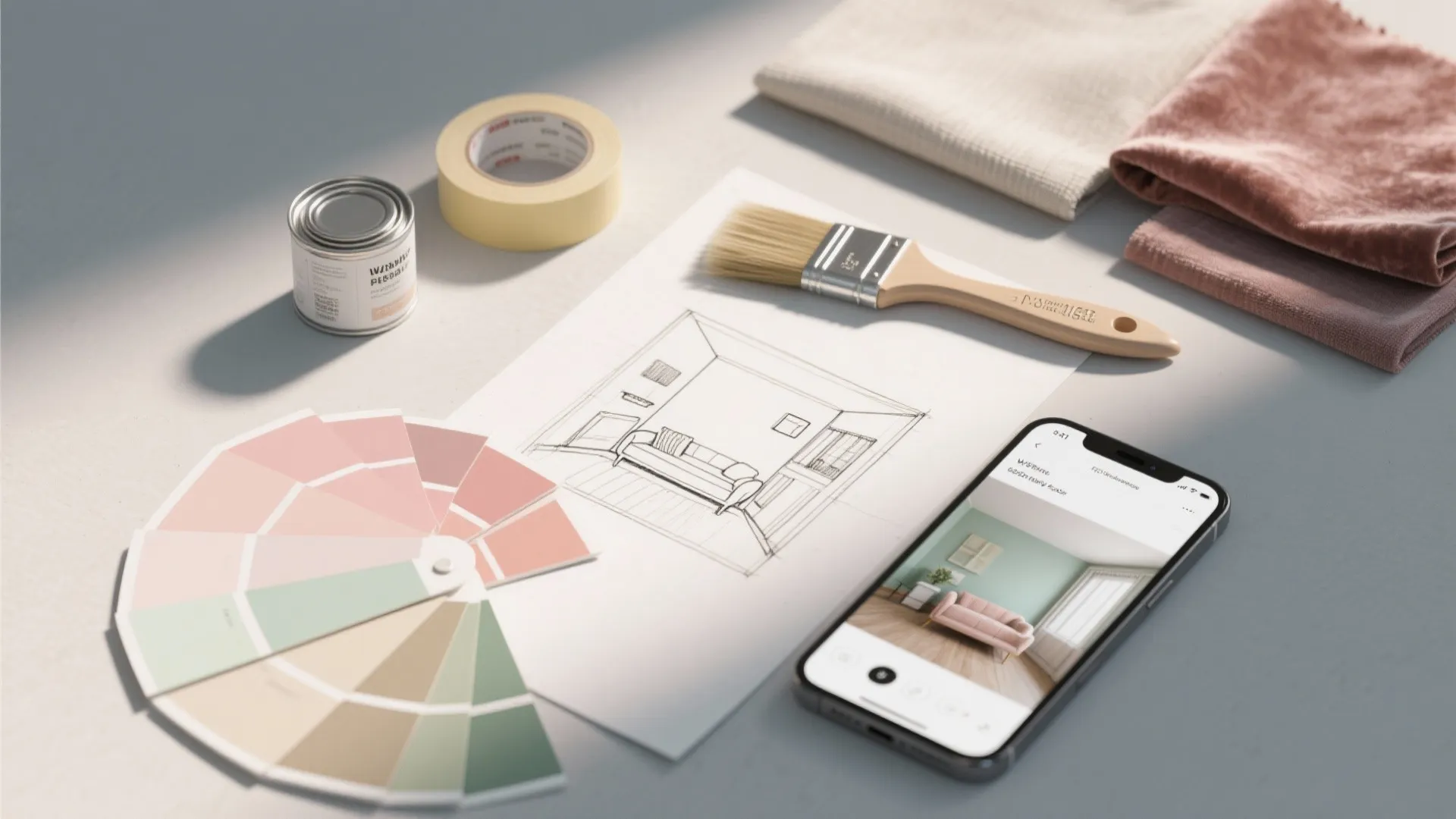Top-down flatlay of pink and green paint swatches, painter's tape, brushes and fabric samples.