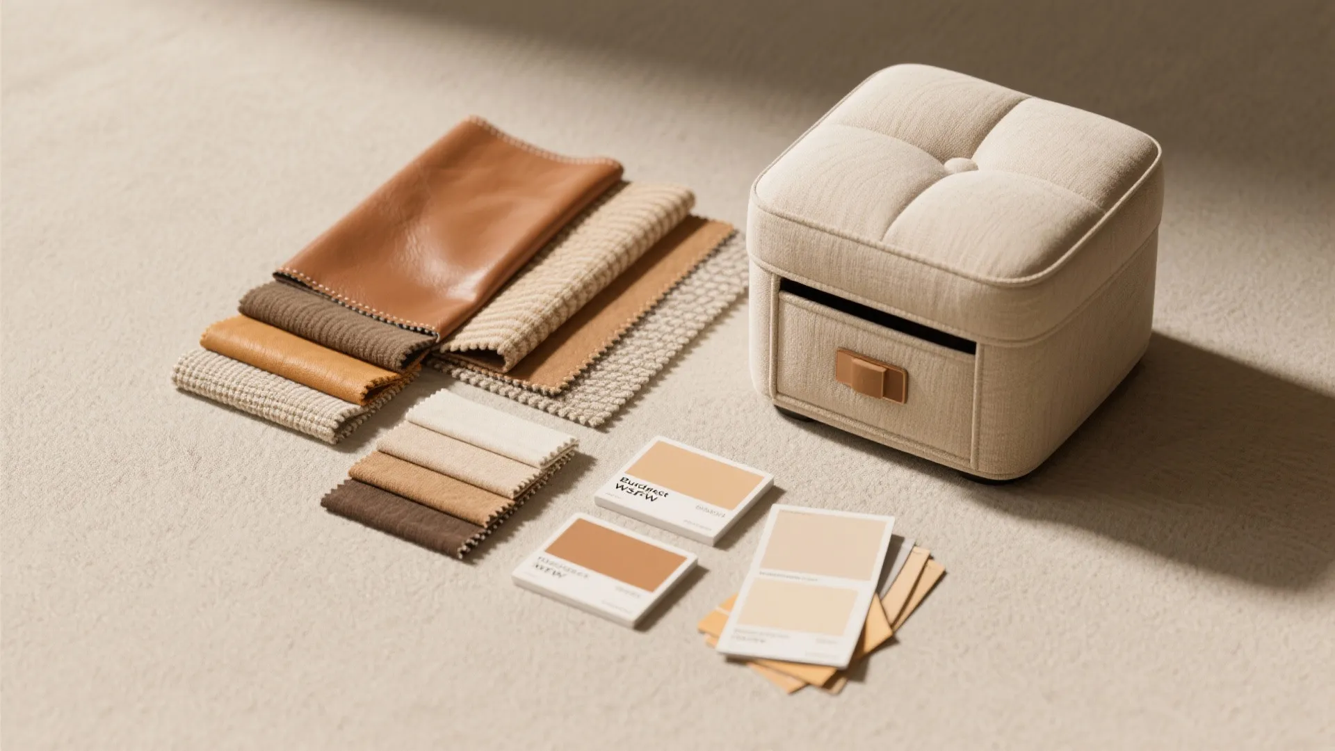 Neutral fabric swatches and color cards placed next to a small beige footrest on floor