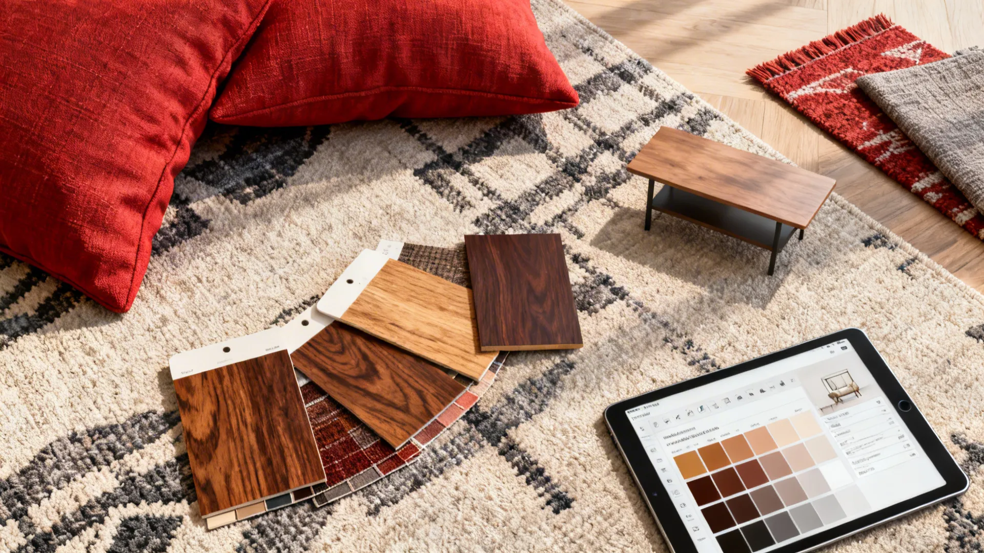 Flatlay of red textile samples, wood finish chips and a tablet showing a room planner.
