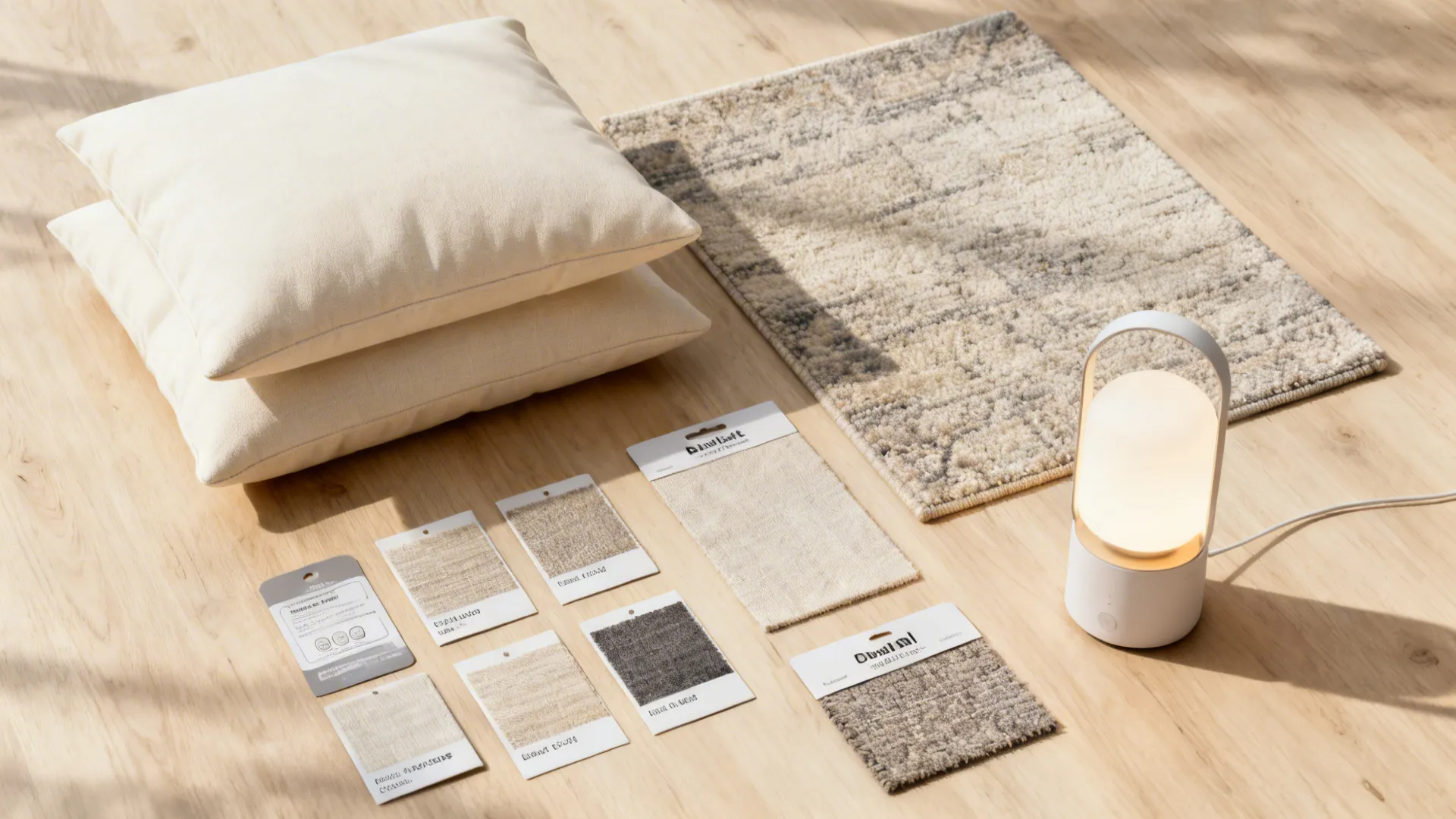 Flatlay of budget-friendly cream textiles and LED lighting samples for small living rooms
