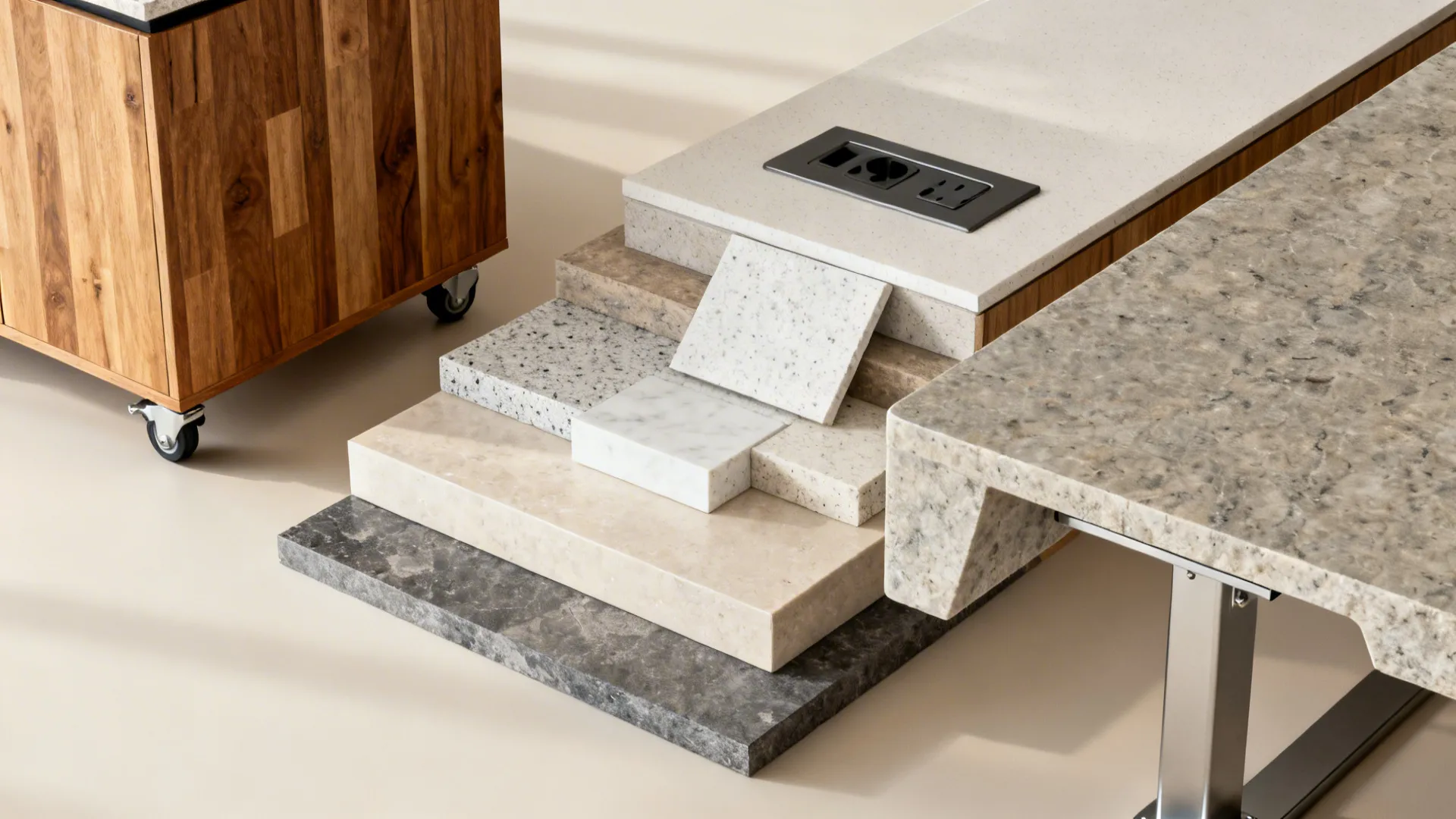 Flat lay of materials representing entry, mid-range, and premium small island options.