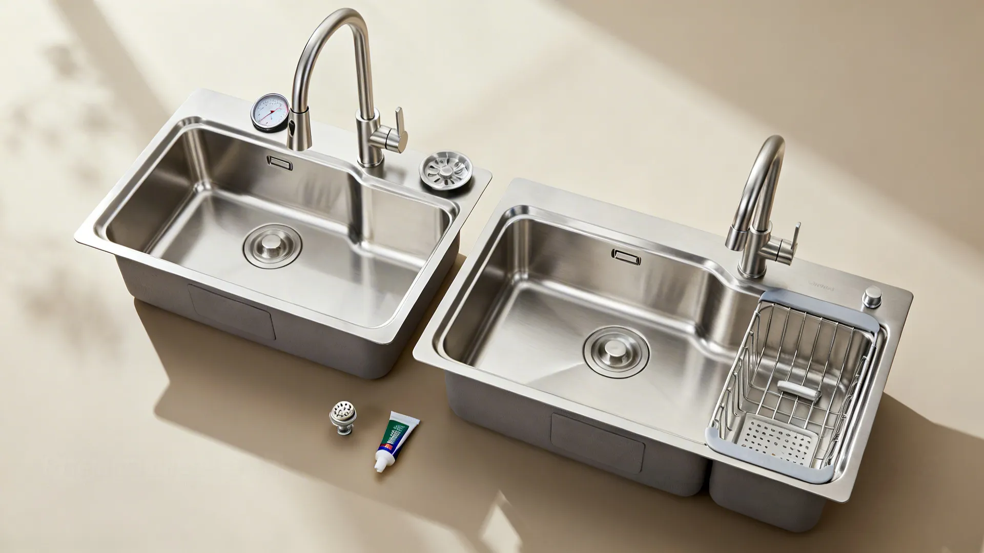 Flat lay showing entry top-mount, mid-range undermount, and premium workstation stainless sink options with accessories.