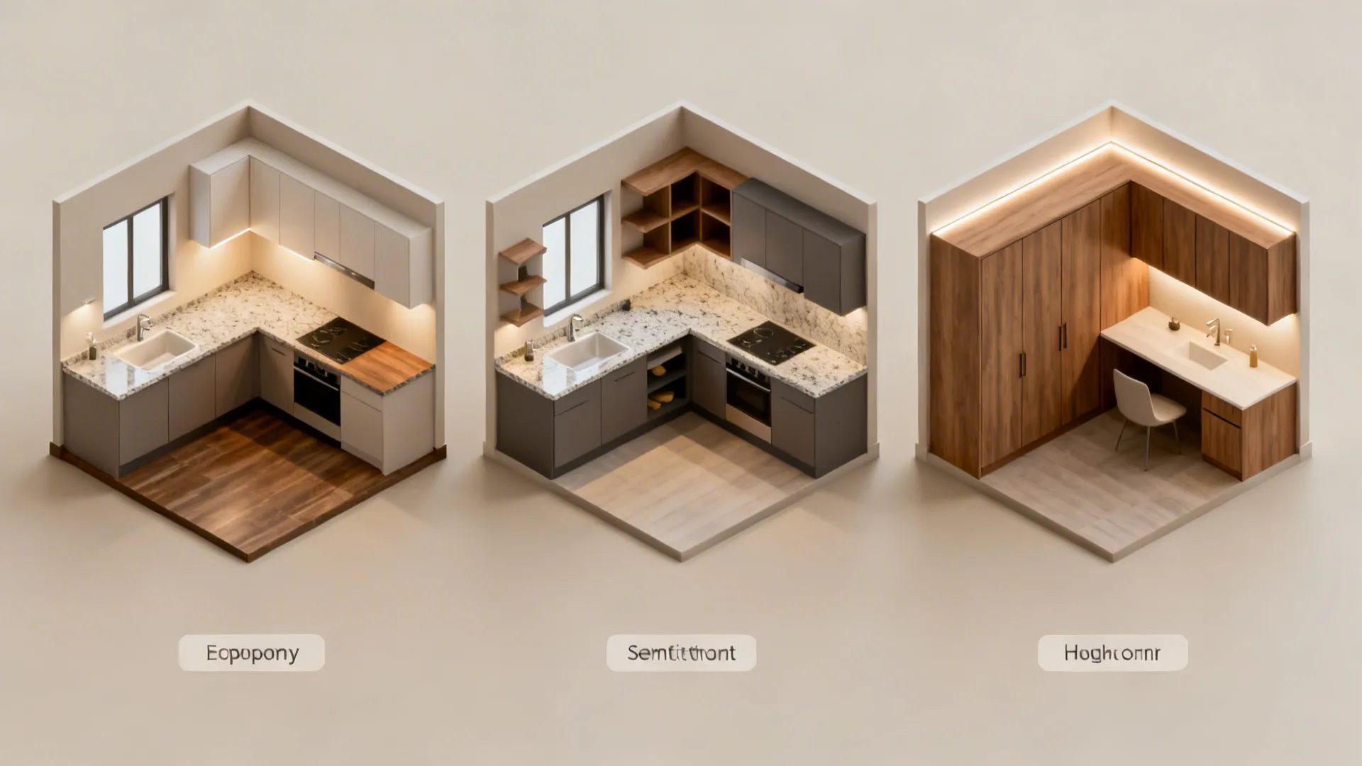 Three interior design drawing views showing kitchen cabinets and a wooden desk with a sink