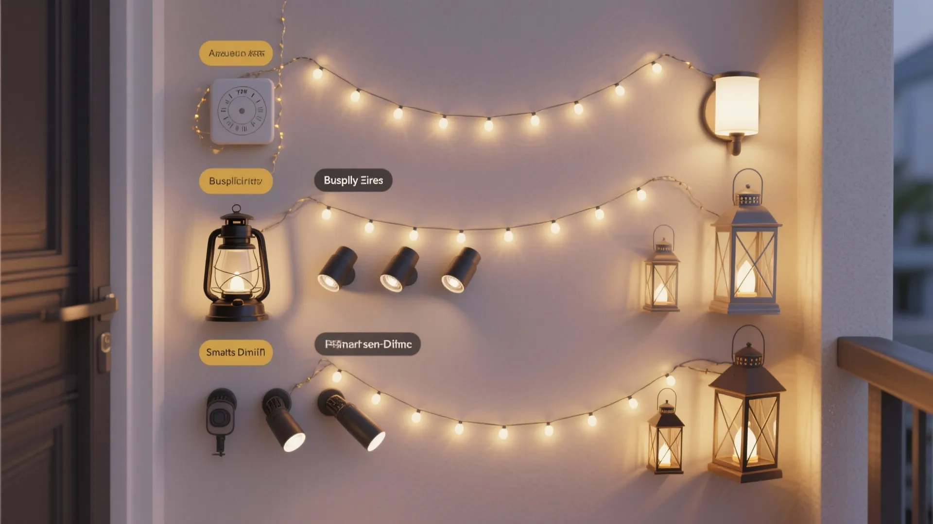 Outdoor wall display showing various light fixtures including string lights wall lights lanterns and spotlights