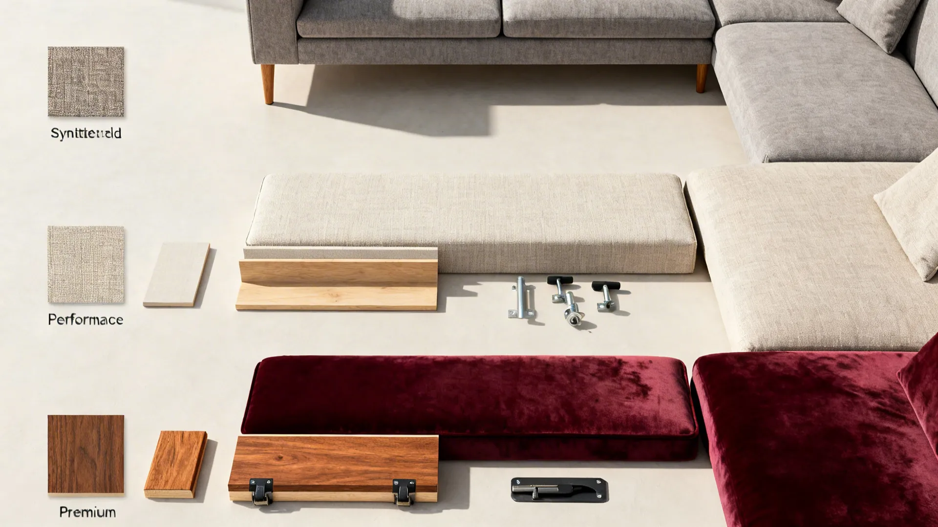 Material flat lay comparing fabric, wood, and hardware across value, mid, and premium tiers.