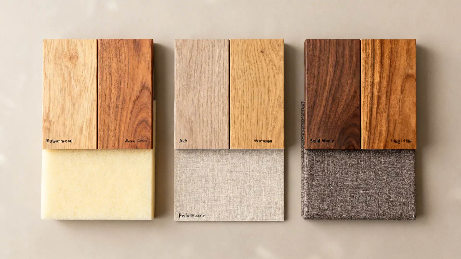 Flat lay of wood and fabric samples grouped to show entry, mid, and high-tier materials.