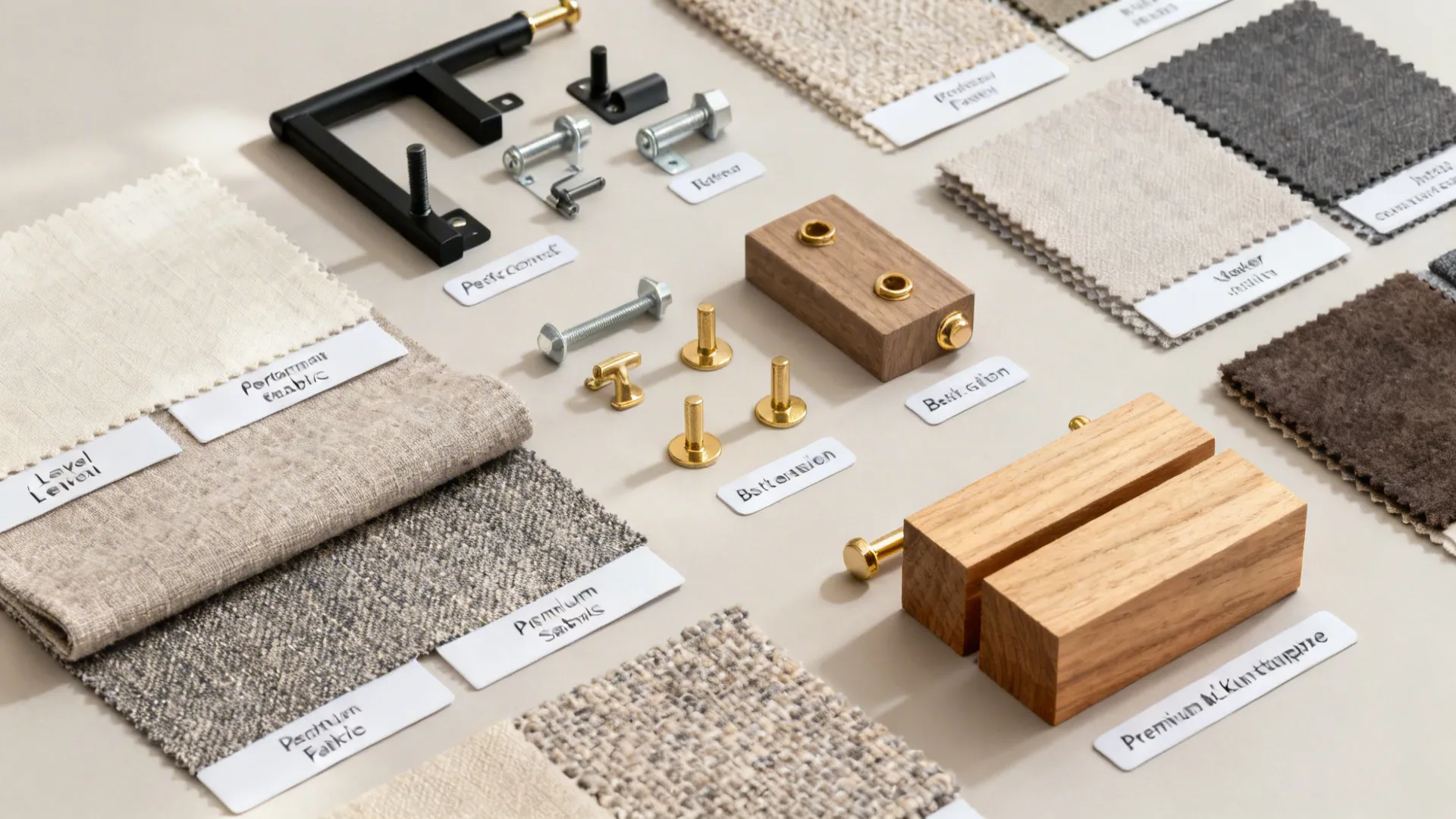 Flatlay of entry, mid-range, and premium sofa materials and hardware.