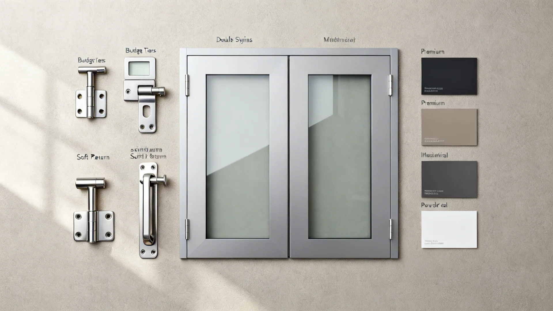 Flat lay showing basic, mid-range, and premium door hardware and finish samples.