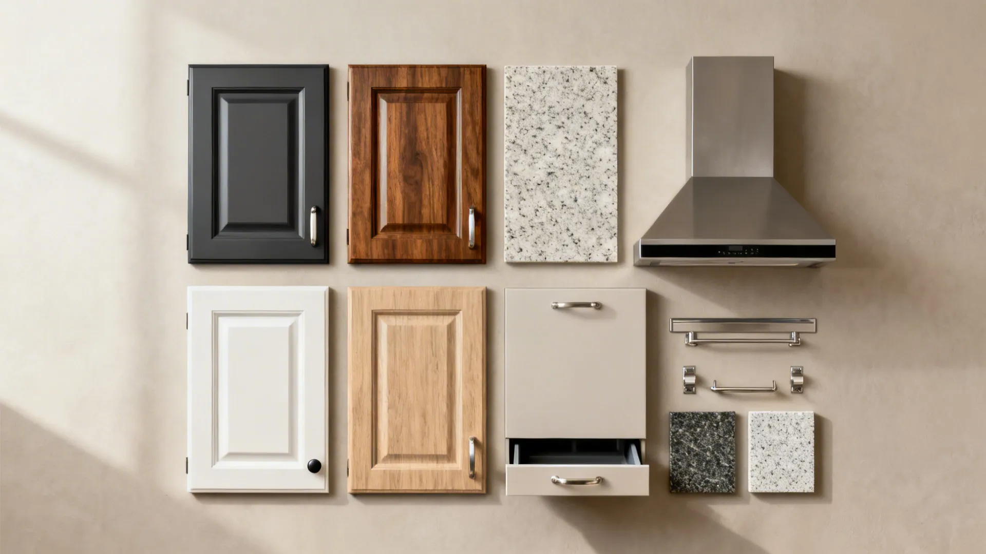 Flat lay showing material and hardware sets representing entry to premium kitchen cost tiers