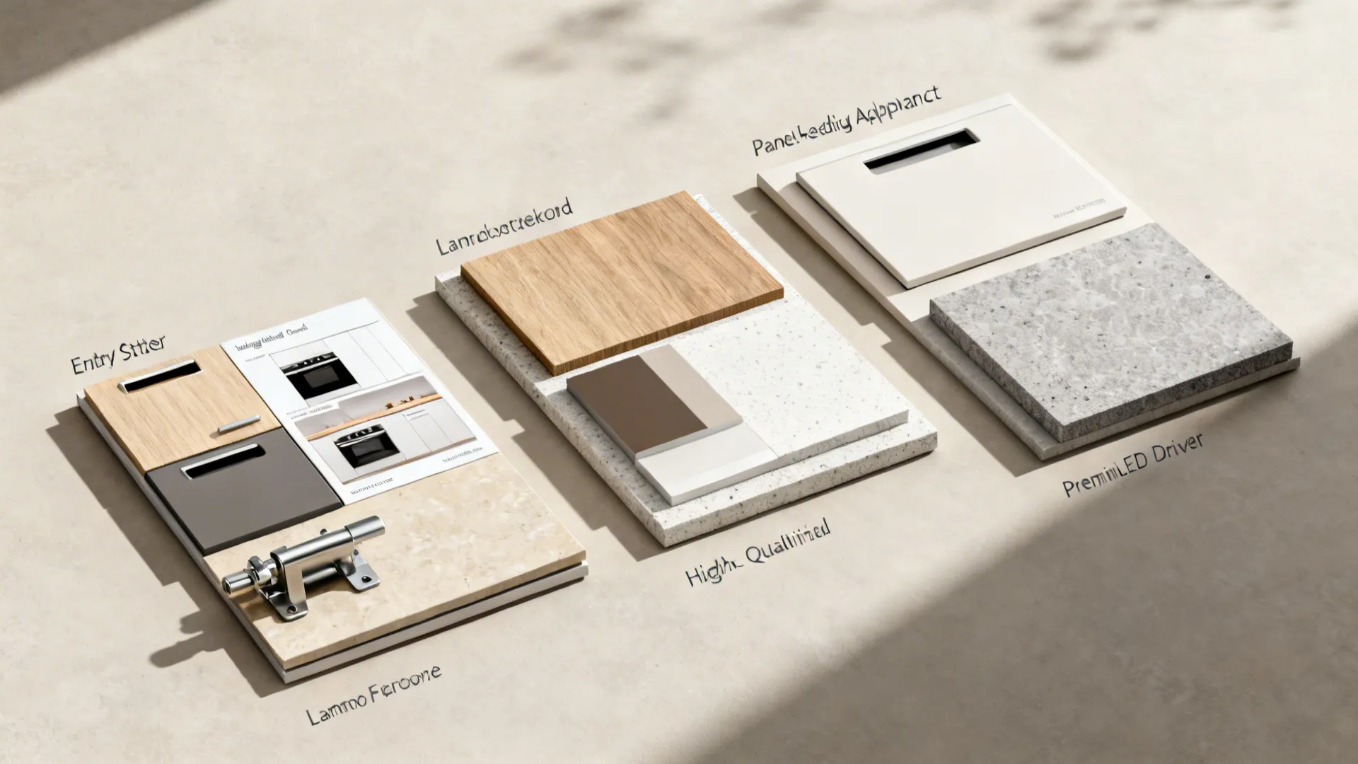 Flat lay of material and hardware samples showing entry, mid, and high kitchen set tiers.