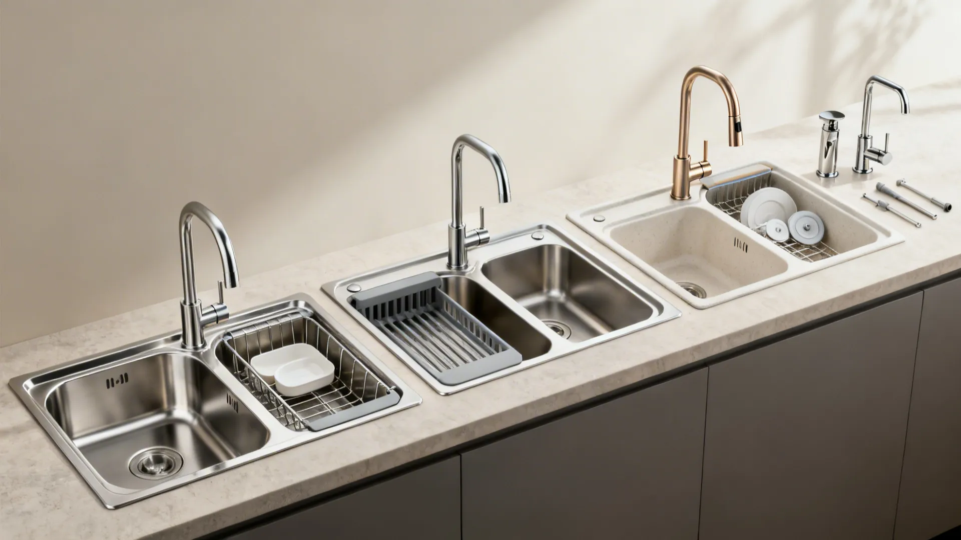 Three double sink options—basic stainless, workstation, and composite—arranged with faucets.