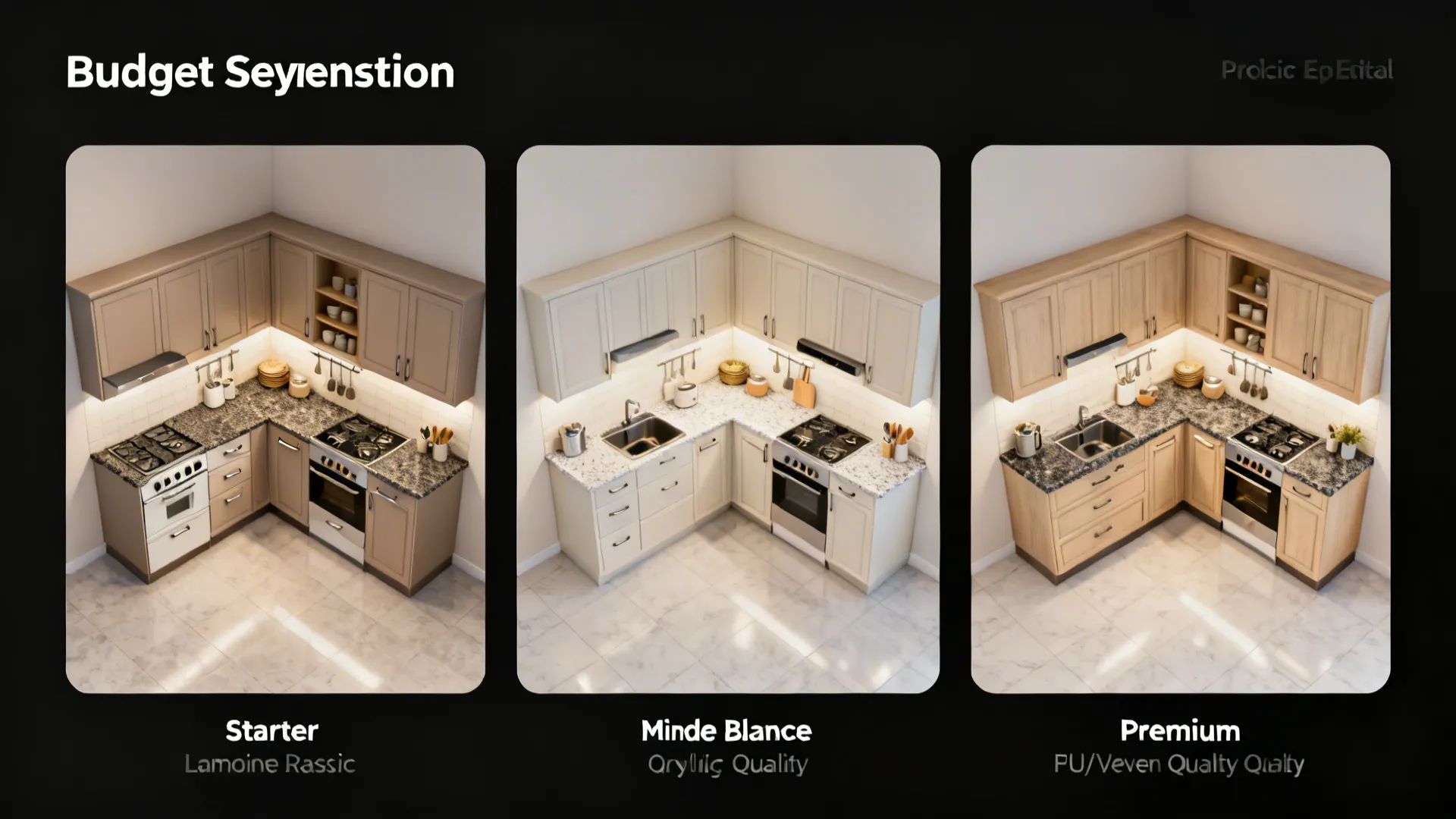 Top-down vignettes showing starter, mid-range, and premium modular kitchen setups.
