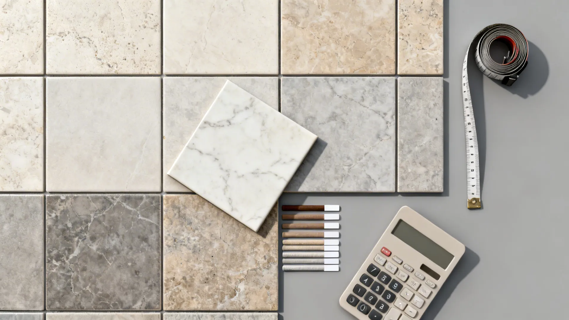Flat lay of porcelain, quarry tile, panel swatch, grout sticks, tape, and calculator.