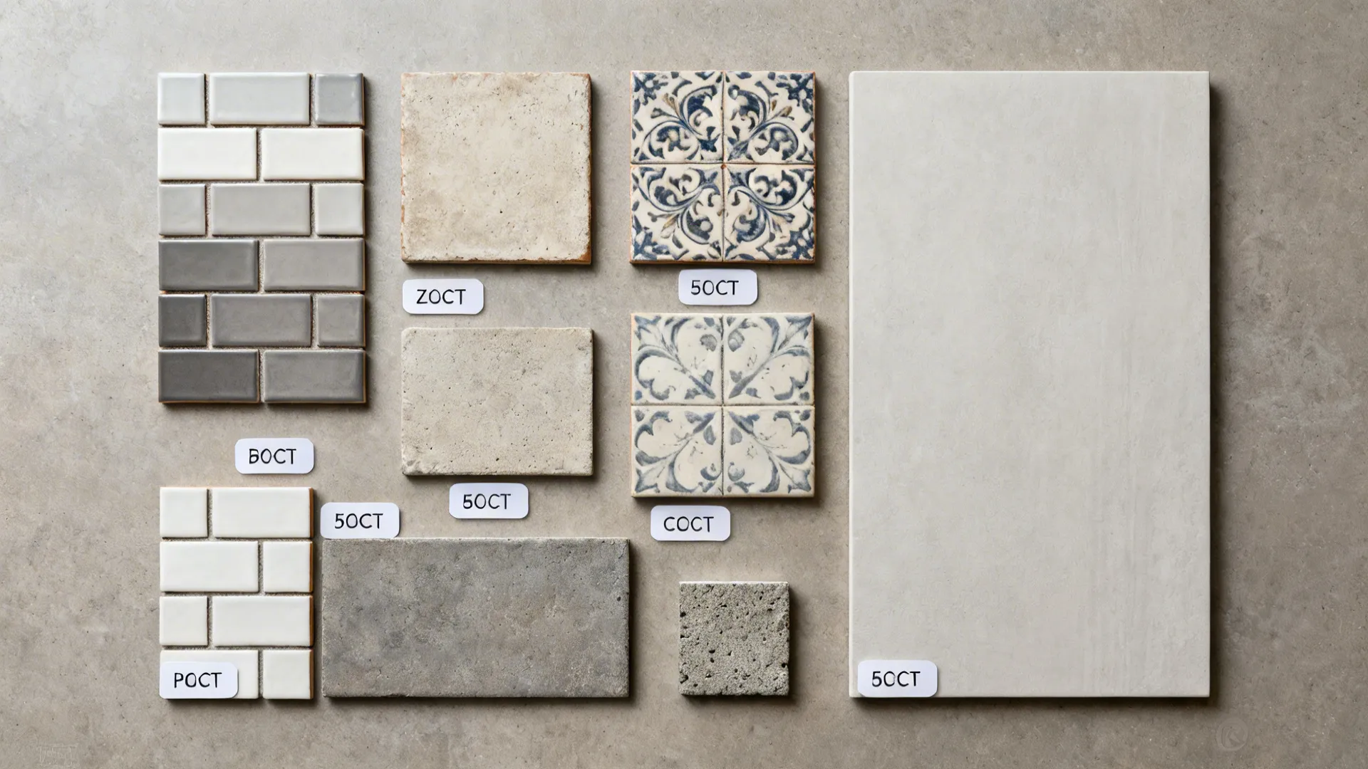 Material flat lay grouping backsplash samples by cost tier for quick budgeting.