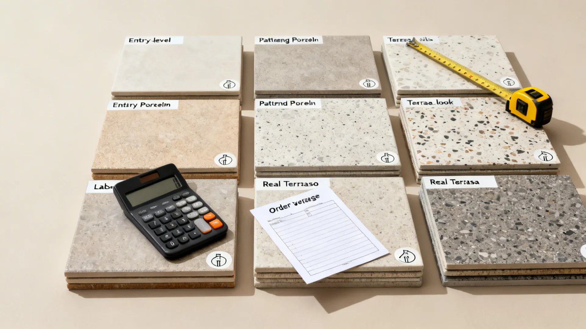 Top-down comparison of tile samples from entry-level porcelain to real terrazzo with tools symbolizing budgeting.