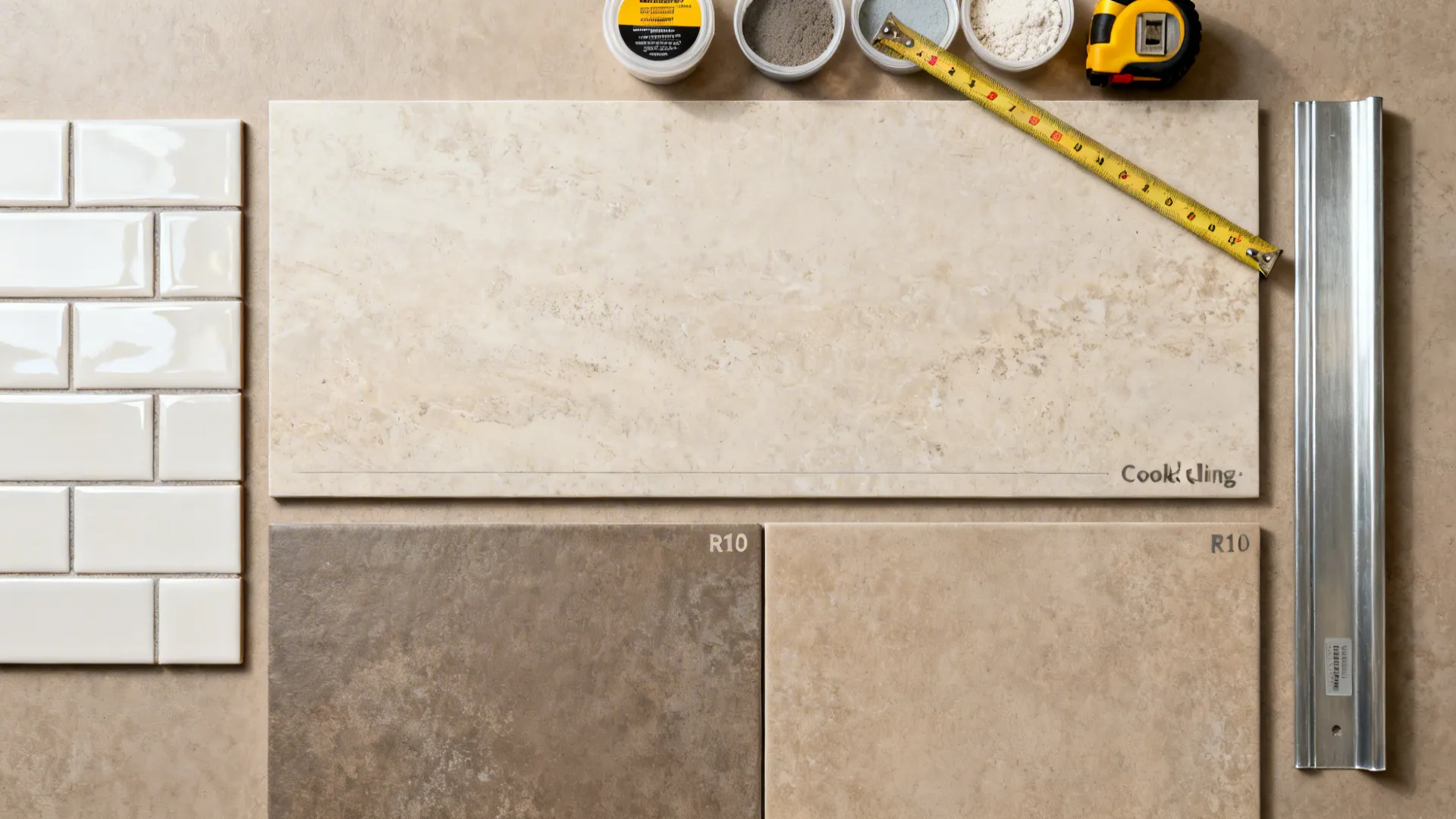 Material flat lay showing slab, subway, matte floor tiles, trims, and grout samples.