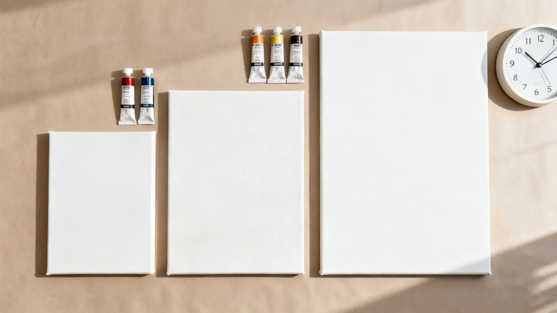 Canvases with paint tubes and a clock arranged to imply cost and time.