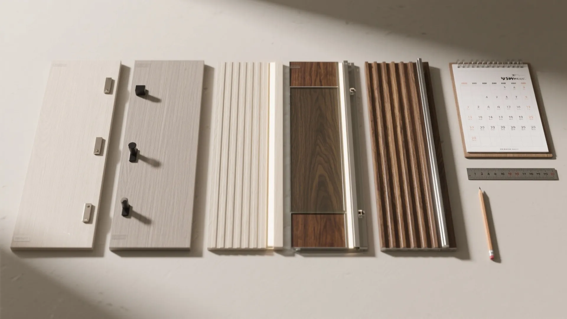 Interior design material samples including wood panels with a calendar and pencil on a table