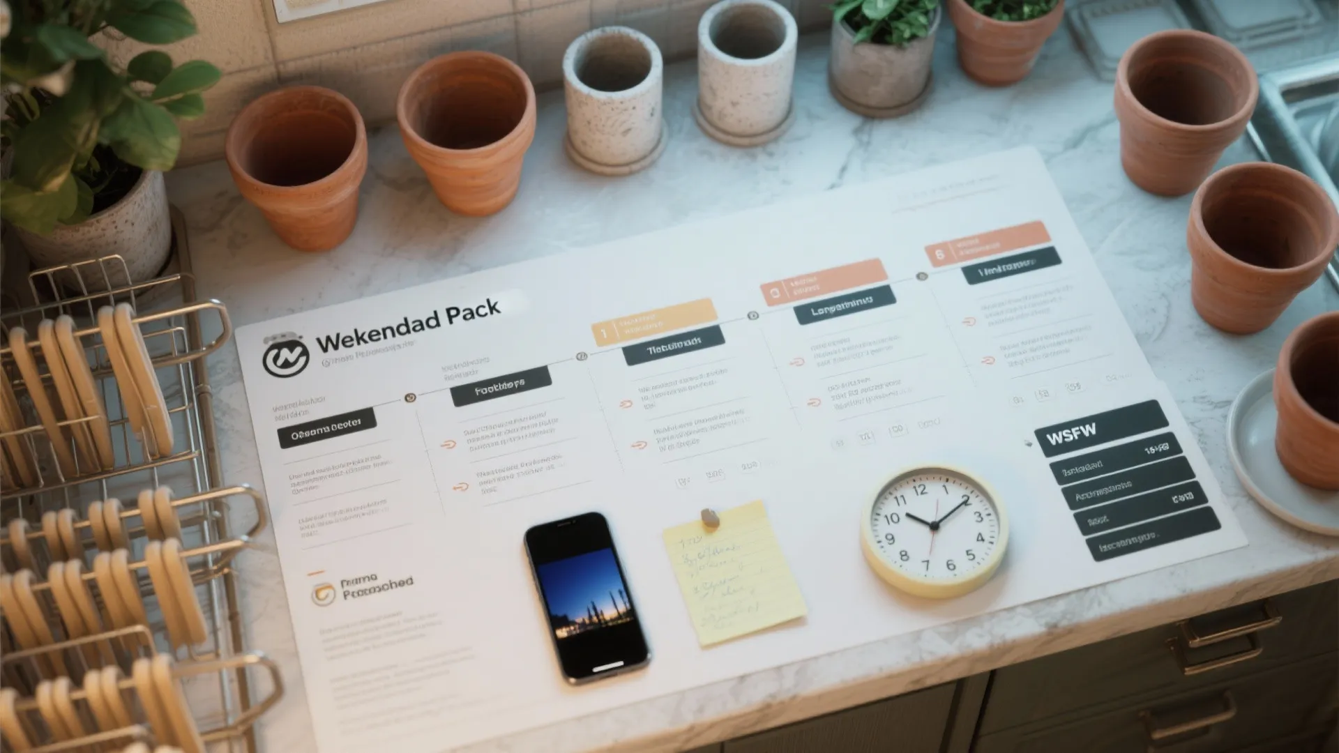 A project planning document on a kitchen counter surrounded by small empty clay flower pots