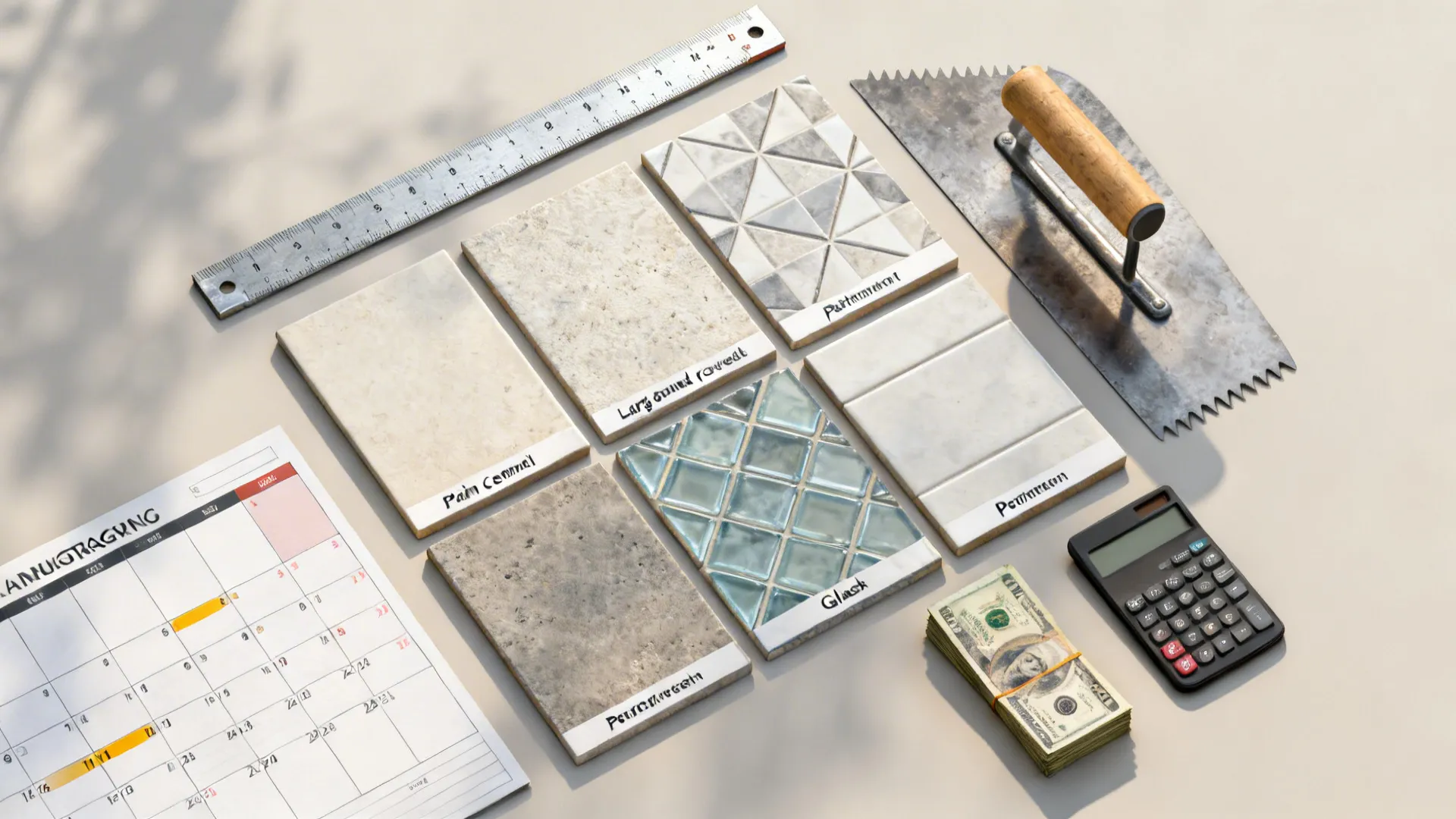 Tile samples with a ruler calculator cash calendar and a hand tool for home renovation