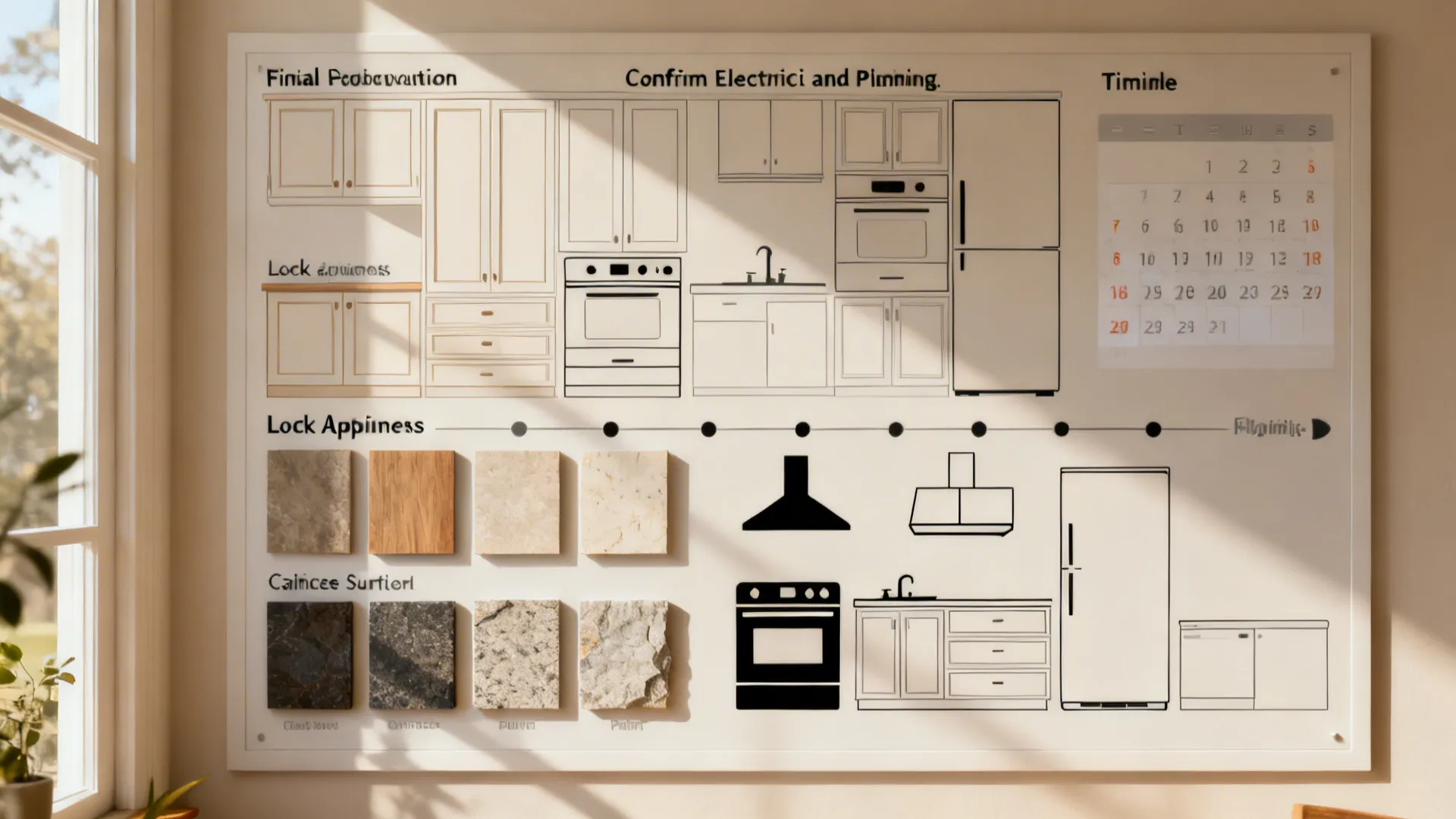 Planning board flatlay showing remodel sequence with material samples and calendar elements.