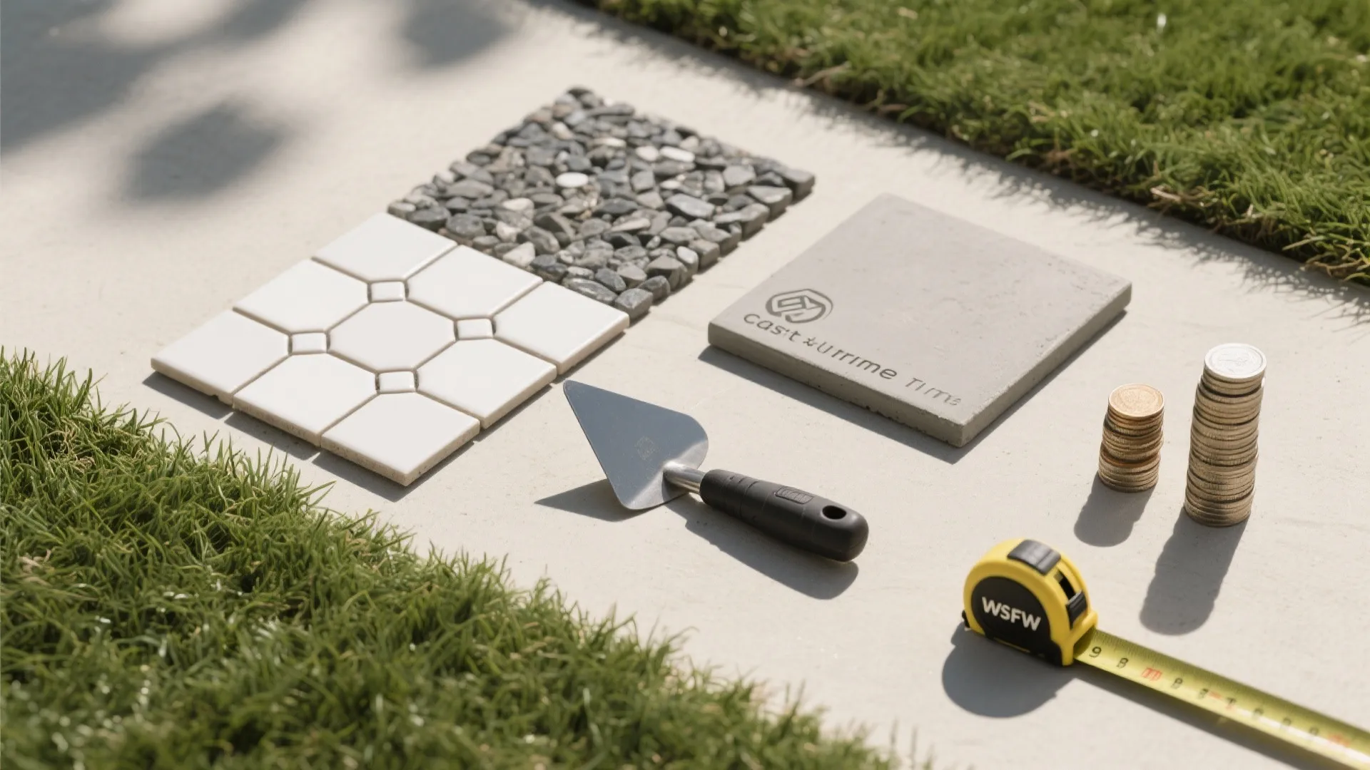 Flat lay of flooring samples with props suggesting budget tiers and planning.