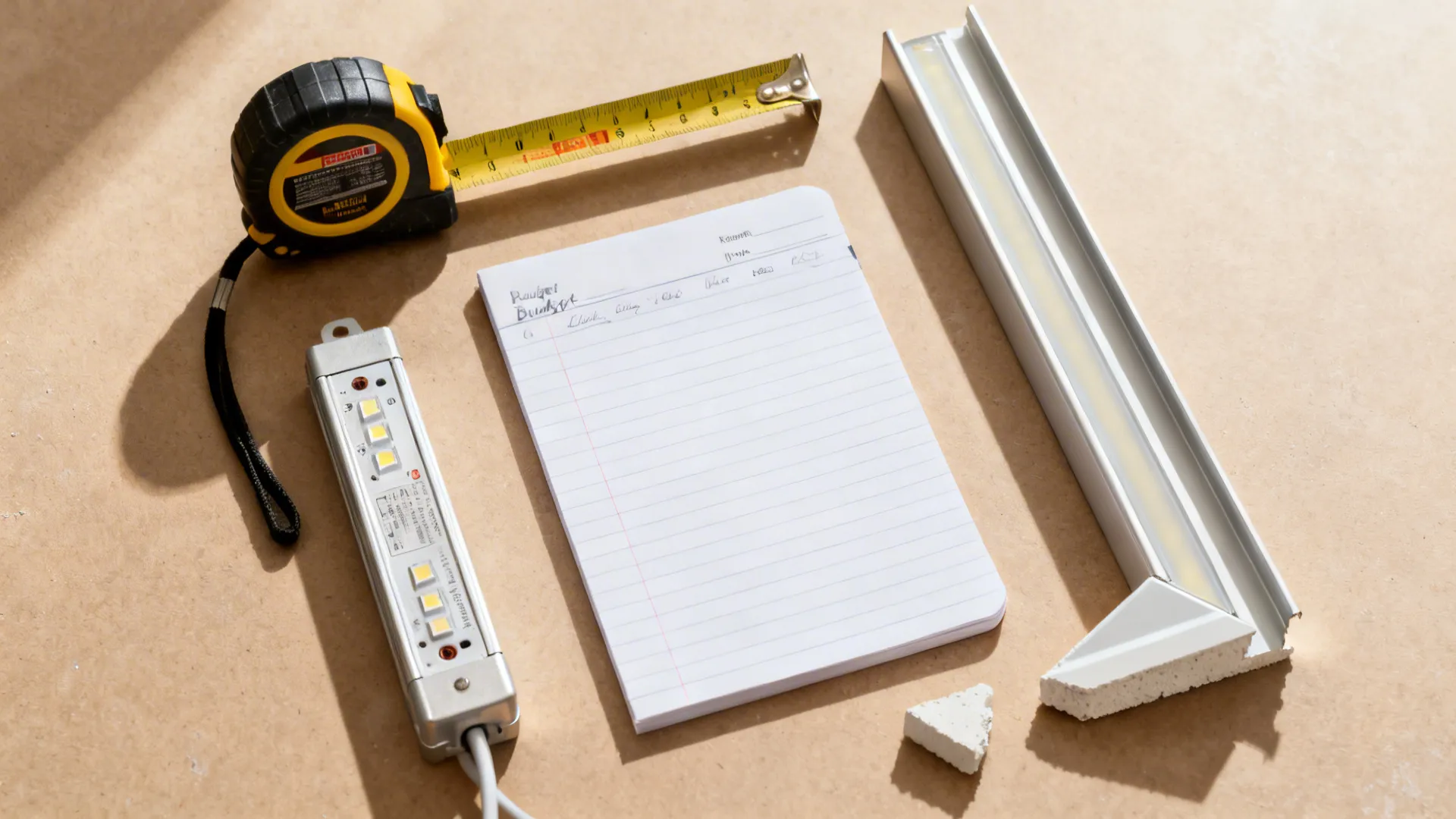 Flat lay of planning tools and lighting samples for a gypsum kitchen ceiling project.