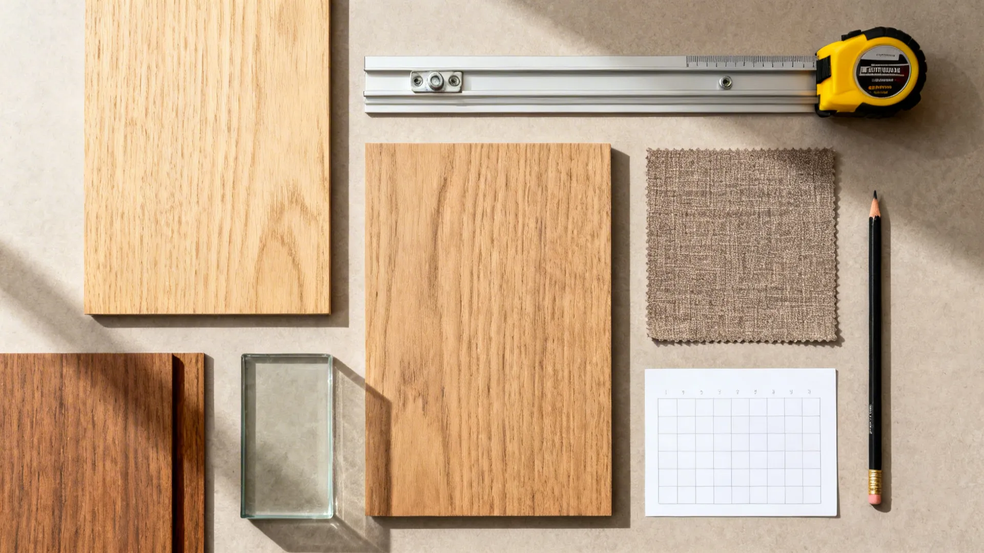 Flat lay of plywood, track hardware, glass, upholstery, and tools suggesting budget and timeline planning.