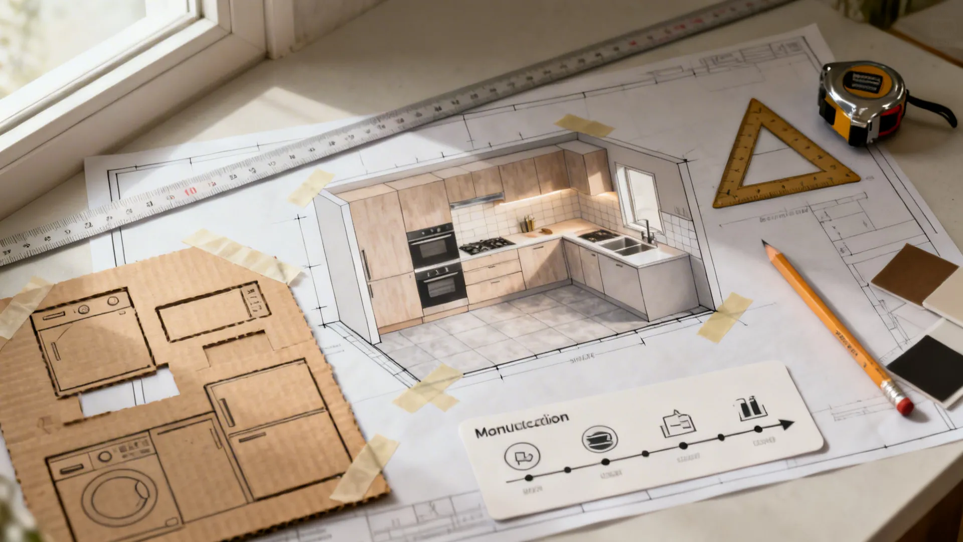 Top-down planning desk with compact kitchen floor plan and appliance templates.