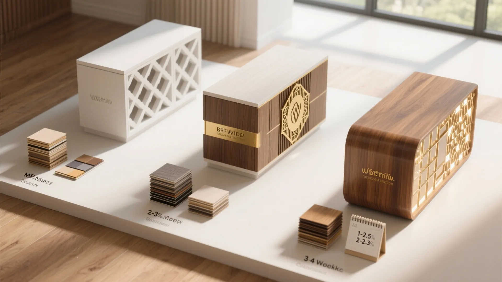 Three different wooden box designs with material samples showing interior design options and budget levels