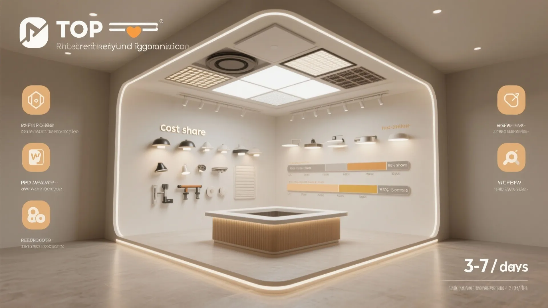 Infographic-style top-down layout showing POP ceiling options, lighting share, and a 3–7 day timeline.