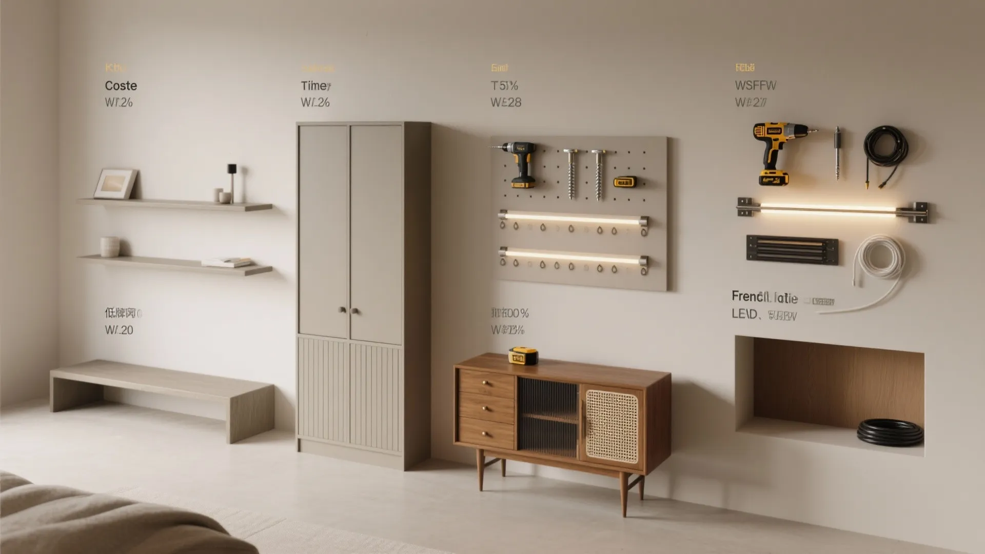 Interior design drawing of home storage solutions including wooden cabinet wall shelves and tool organizer