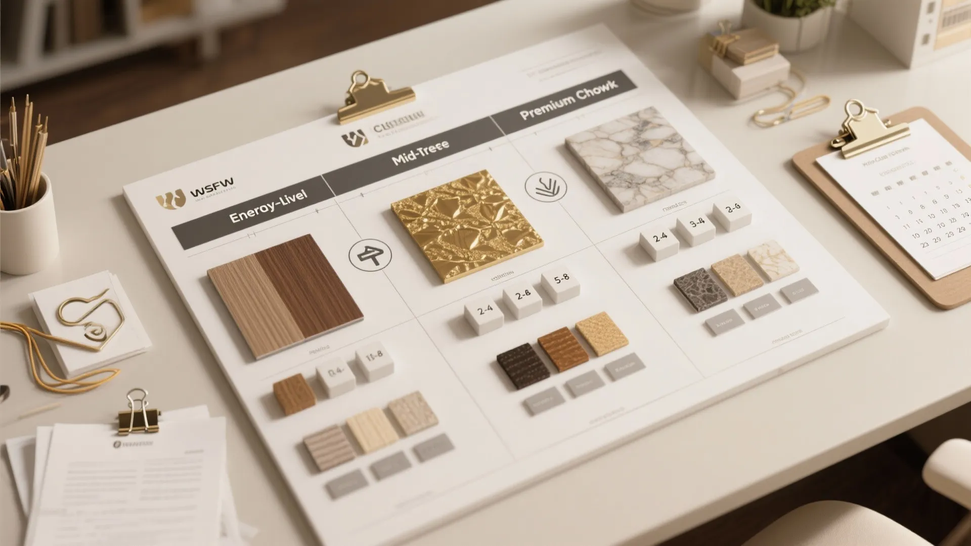 Interior design material board with wood samples gold metal tile and marble on a white desk